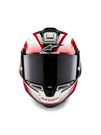 Alpinestars Supertech R10 Team Helmet, Front View, Black Carbon Red and White Glossy, featuring a dark smoke visor, white Astar logo on forehead, red Alpinestars branding on chin bar, aerodynamic race-ready design with intricate graphics