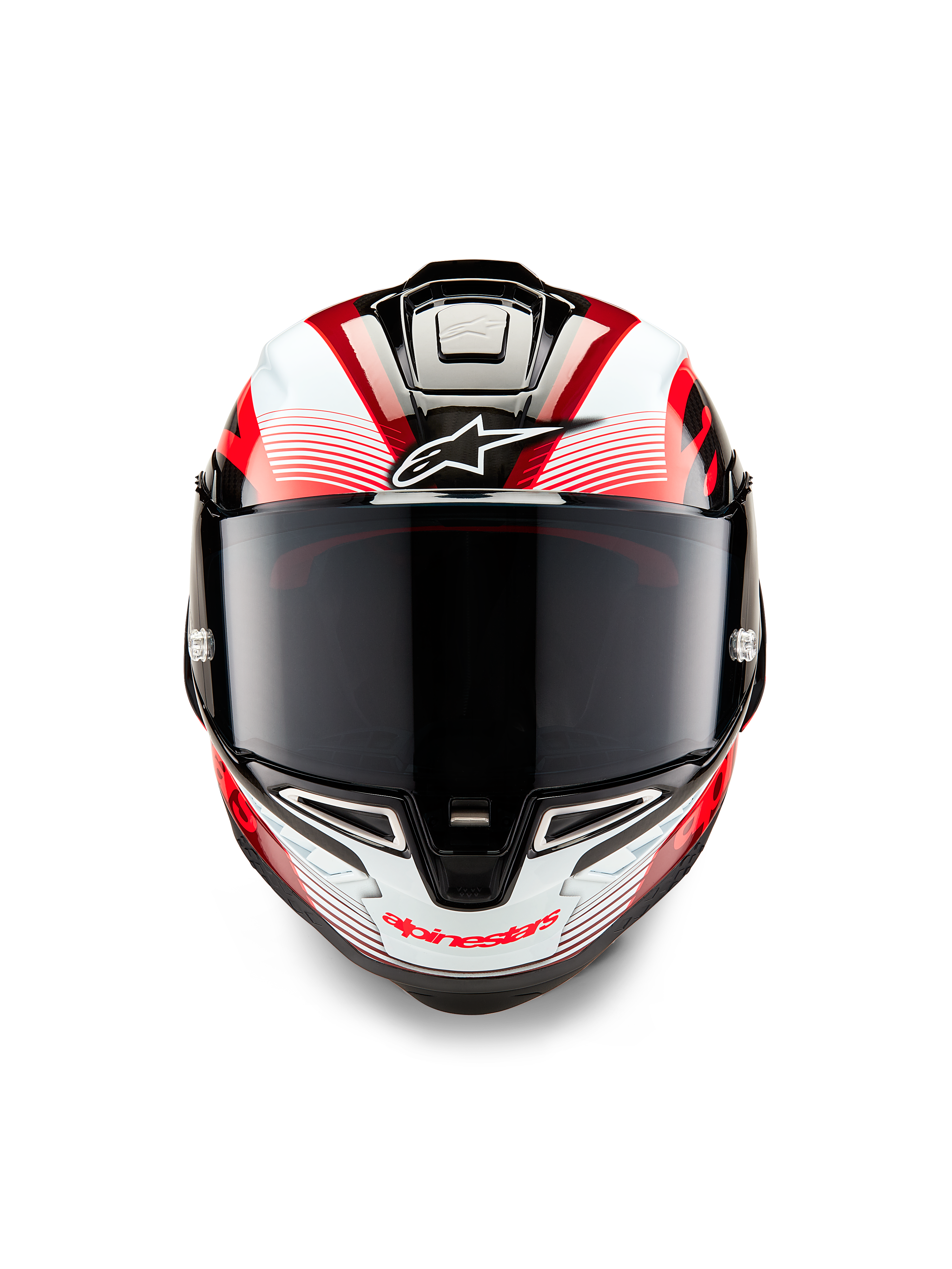 Alpinestars Supertech R10 Team Helmet, Front View, Black Carbon Red and White Glossy, featuring a dark smoke visor, white Astar logo on forehead, red Alpinestars branding on chin bar, aerodynamic race-ready design with intricate graphics