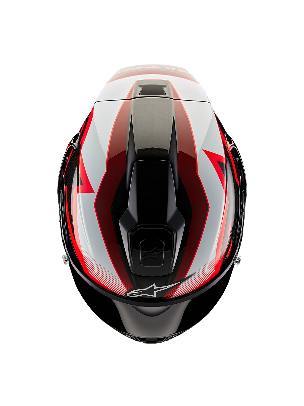Alpinestars Supertech R10 Team Helmet, Top-down view, Black Carbon Red and White Glossy, aerodynamic shell with central ventilation ports and bold racing graphics, professional sport motorcycle helmet.