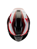 Alpinestars Supertech R10 Team Helmet, Top-down view, Black Carbon Red and White Glossy, aerodynamic shell with central ventilation ports and bold racing graphics, professional sport motorcycle helmet.