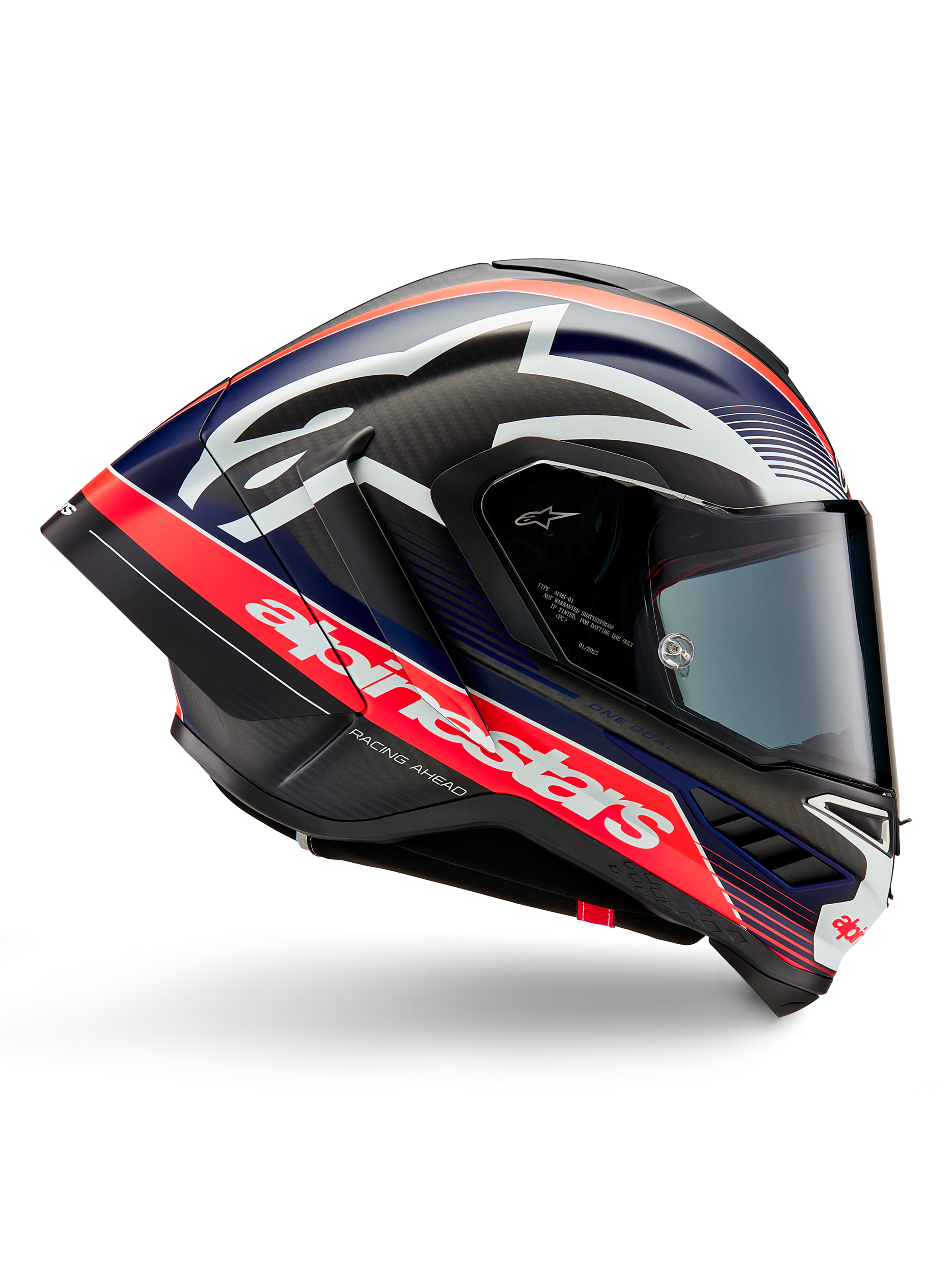 Alpinestars Supertech R10 Team Helmet, Motorcycle Racing Helmet, Black Carbon with Red Fluo and Blue Matte accents, featuring large white Alpinestars branding, aerodynamic design with integrated spoilers, clear visor, visible carbon fiber texture, sleek racing profile