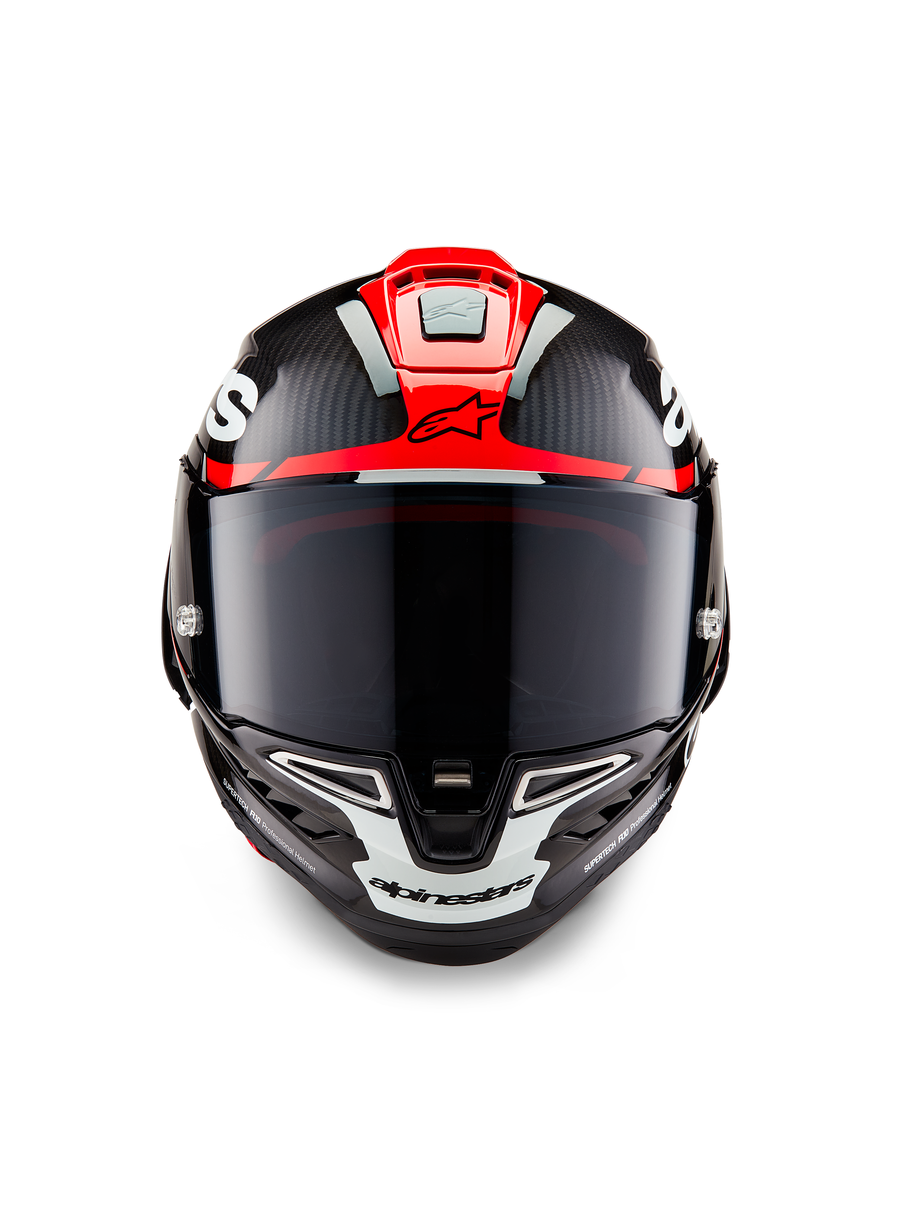 Alpinestars Supertech R10 Element Helmet, Black Carbon with Bright Red and White Glossy graphics, Frontal view featuring a dark smoke visor, visible carbon fiber texture, and integrated ventilation, professional race-grade motorcycle helmet
