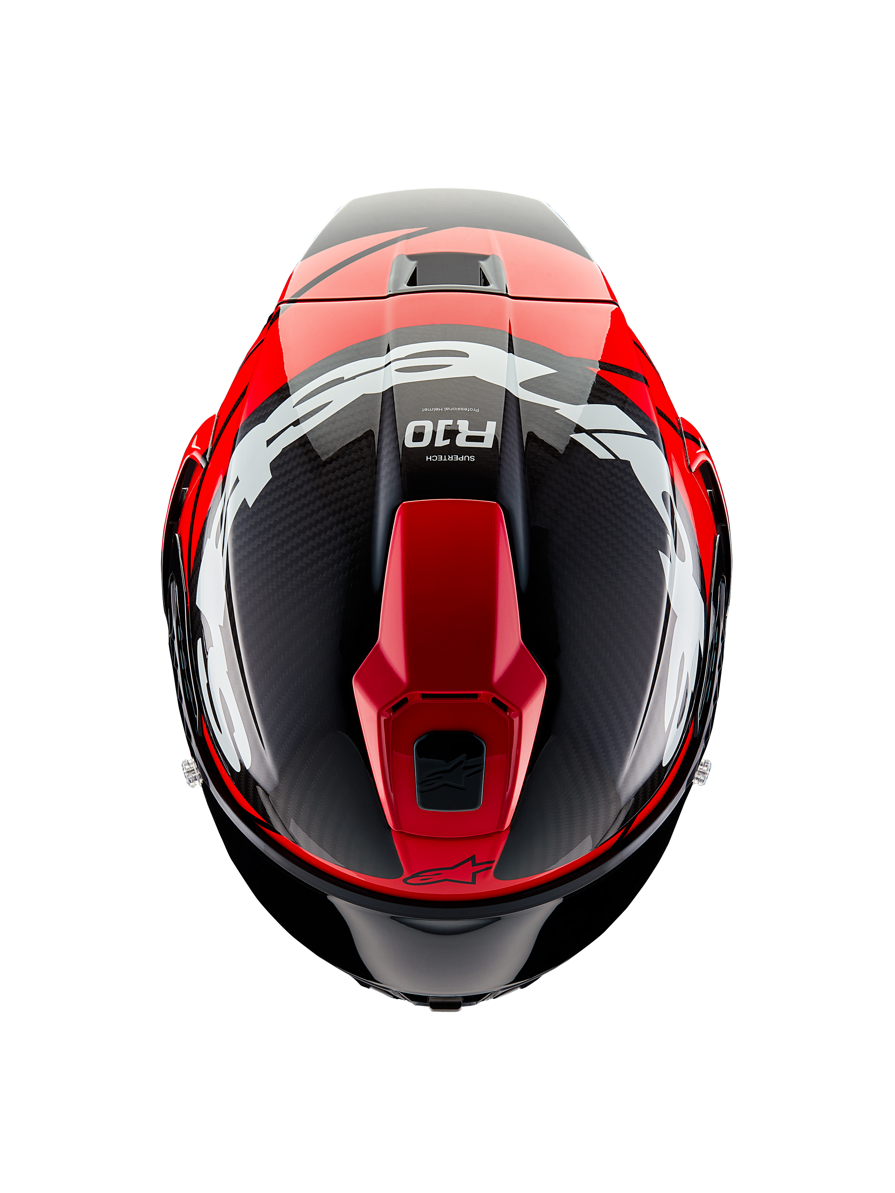 Alpinestars Supertech R10 Element Helmet, Top View, Black Carbon with Bright Red and White Glossy graphics, aerodynamic race helmet featuring large white logos and visible carbon fiber weave
