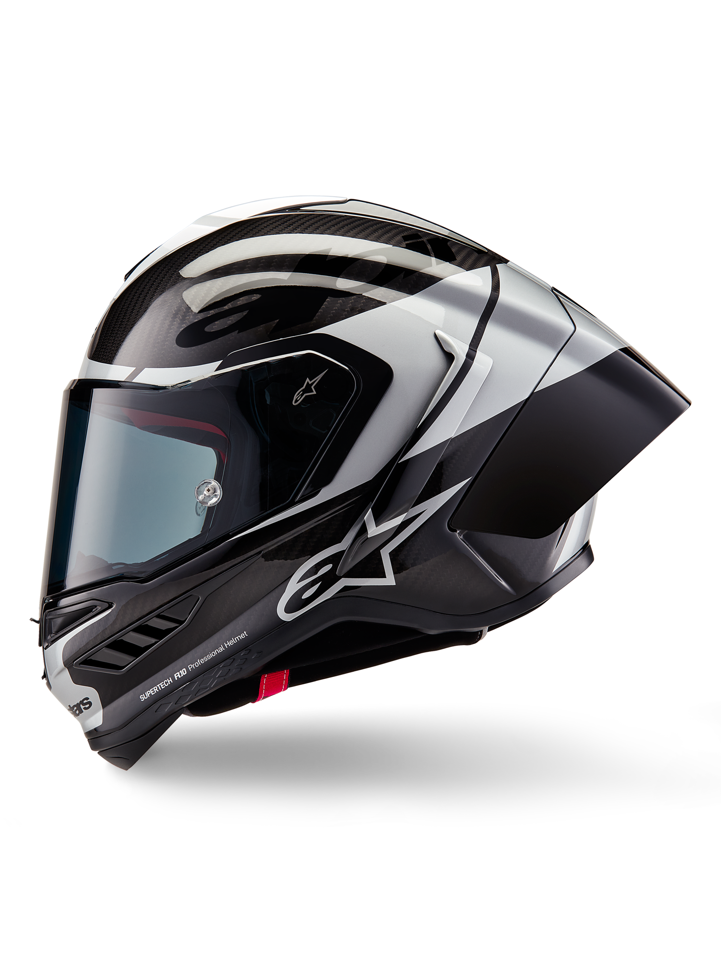 Alpinestars Supertech R10 Element Helmet, Full-Face Motorcycle Racing Helmet, Black Carbon Silver and Black Glossy, side profile view showing carbon fiber weave and aerodynamic rear spoiler, sleek design with Alpinestars branding and professional race finish