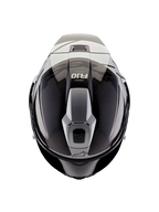 Alpinestars Supertech R10 Element Helmet, top-down view, Black Carbon and Silver, glossy finish with visible carbon fiber weave, aerodynamic vent structure, R10 logo and Alpinestars branding, professional racing motorcycle helmet