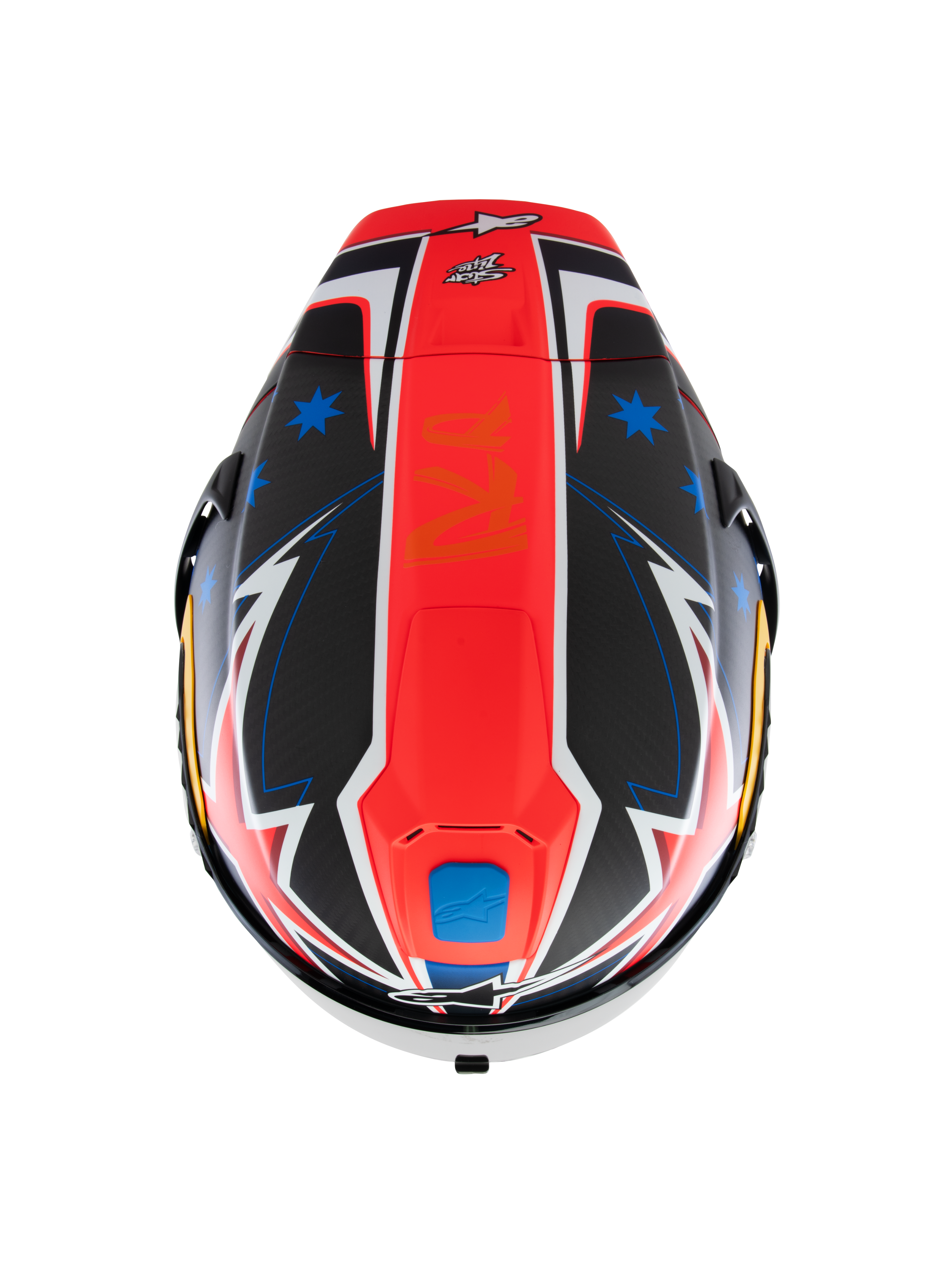 Alpinestars Supertech R10 Miller Limited Edition Helmet, top-down view, Carbon Red Matt graphic with a central red stripe, blue stars on black carbon fiber sections, white and blue lightning-style accents, aerodynamic racing design for track performance.