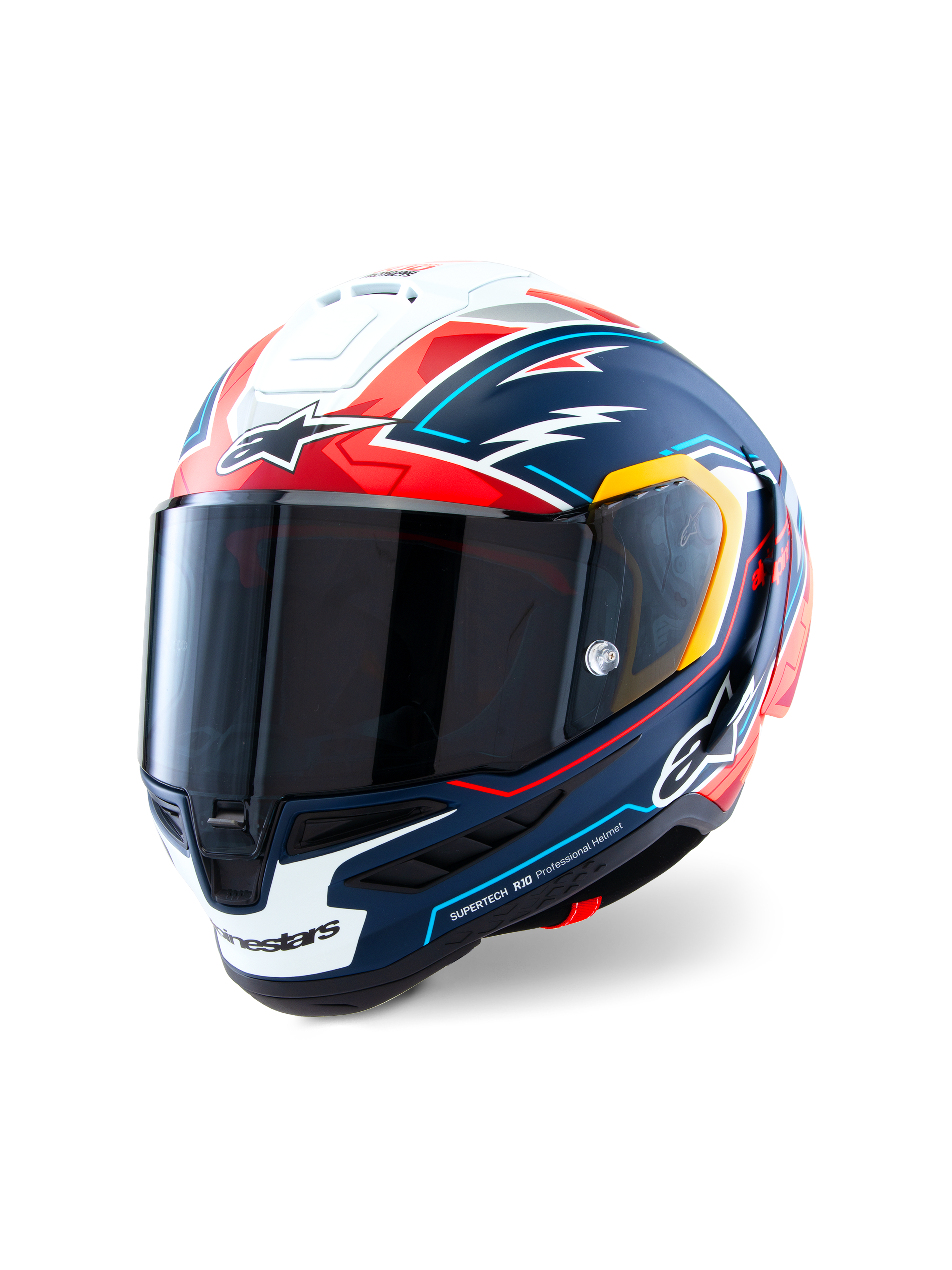 Alpinestars Supertech R10 Acosta Limited Edition Helmet, full-face motorcycle racing helmet, Blue Red and White Matt with graphic accents, aerodynamic carbon shell design, dark smoke visor, high-performance professional protective gear