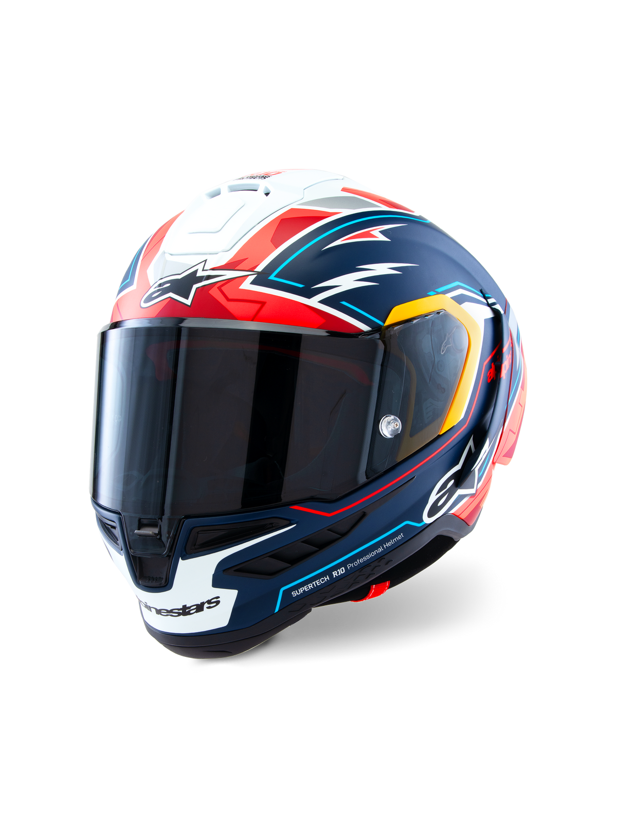 Casco Alpinestars Supertech R10 Acosta Edición Limitada, casco de competición para moto, azul, rojo y blanco mate, construcción de carbono con visor ahumado