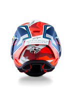 Casco Alpinestars Supertech R10 Acosta Edición Limitada, vista trasera que muestra la construcción de carbono, gráfico de tiburón y certificación DOT, azul, rojo y blanco, casco de moto de carreras