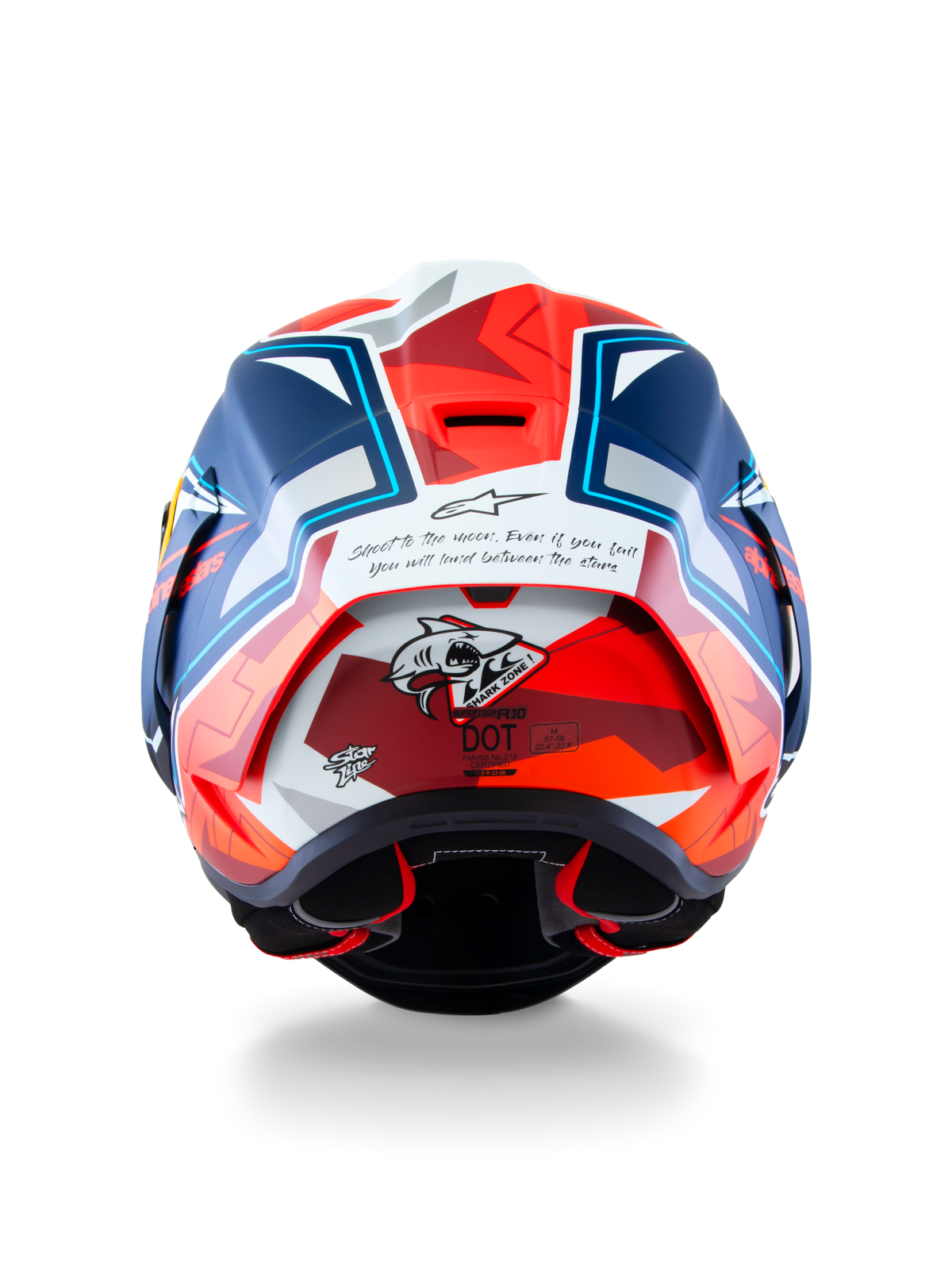 Casco Alpinestars Supertech R10 Acosta Edición Limitada, vista trasera que muestra la construcción de carbono, gráfico de tiburón y certificación DOT, azul, rojo y blanco, casco de moto de carreras