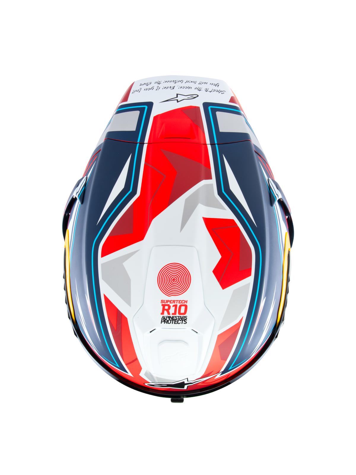 Casco Alpinestars Supertech R10 Acosta Edición Limitada, vista superior del casco de competición de carbono en azul, rojo y blanco con spoiler aerodinámico y gráficos de carreras, certificado ECE 22.06 y FIM