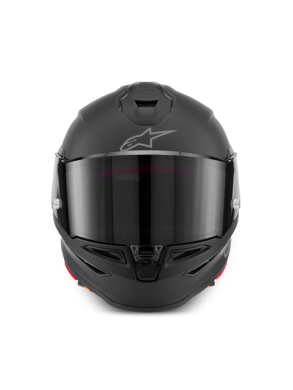 Casco Alpinestars S-R7 Solid, casco de moto integral en negro mate, vista frontal que muestra la calota aerodinámica con visor oscuro, ventilaciones integradas en la mentonera y en la parte superior, y el emblemático logotipo Astar en la frente.