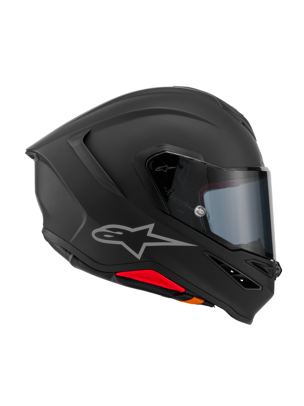 Casco Alpinestars S-R7 Solid, casco de moto integral, negro mate, vista de perfil lateral con calota aerodinámica de compuesto de carbono, alerón trasero integrado, logotipo Astars plateado, visor transparente y puertos de ventilación, equipamiento de carreras y conducción deportiva