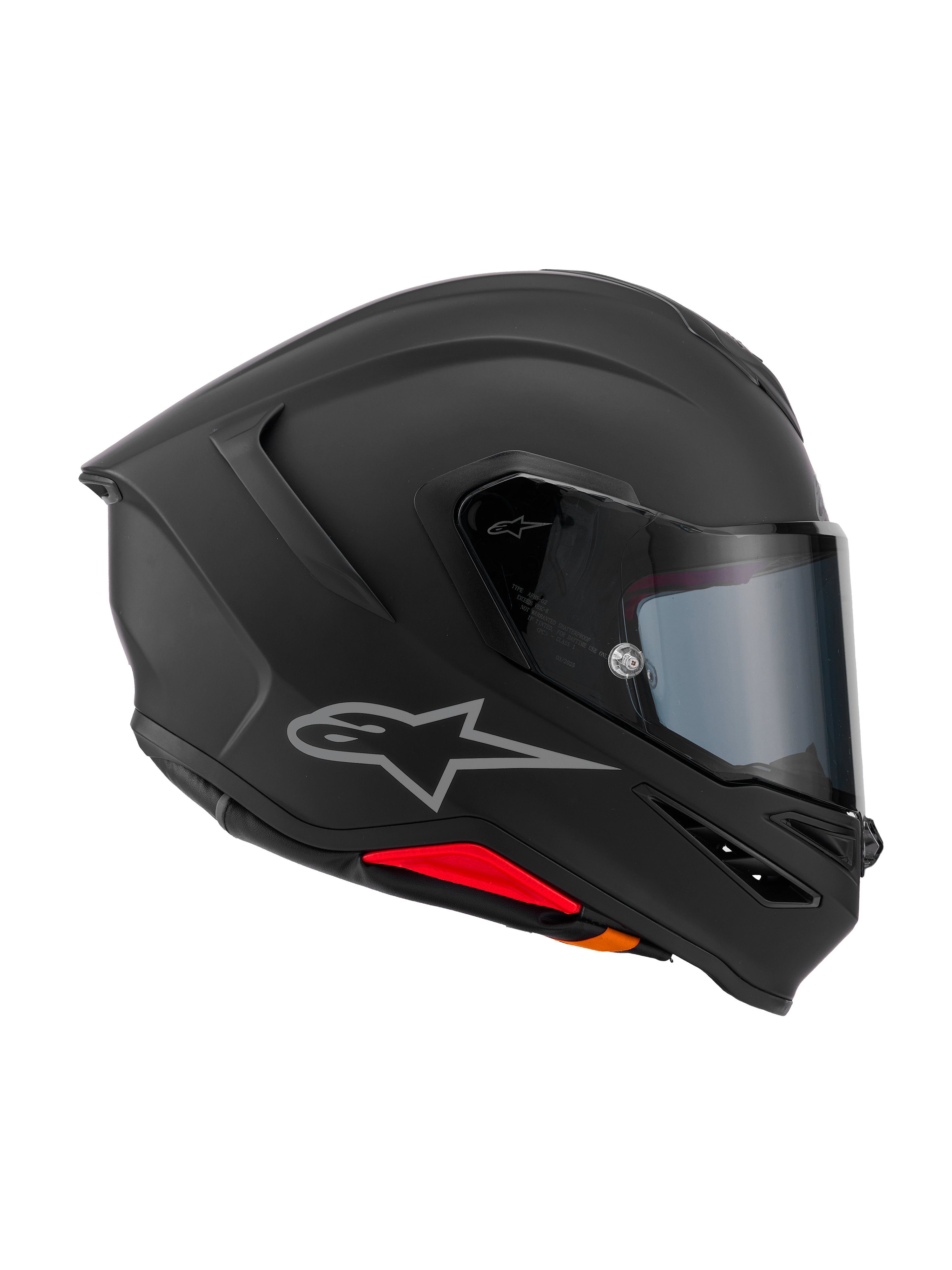 Casco Alpinestars S-R7 Solid, casco de moto integral, negro mate, vista de perfil lateral con calota aerodinámica de compuesto de carbono, alerón trasero integrado, logotipo Astars plateado, visor transparente y puertos de ventilación, equipamiento de carreras y conducción deportiva