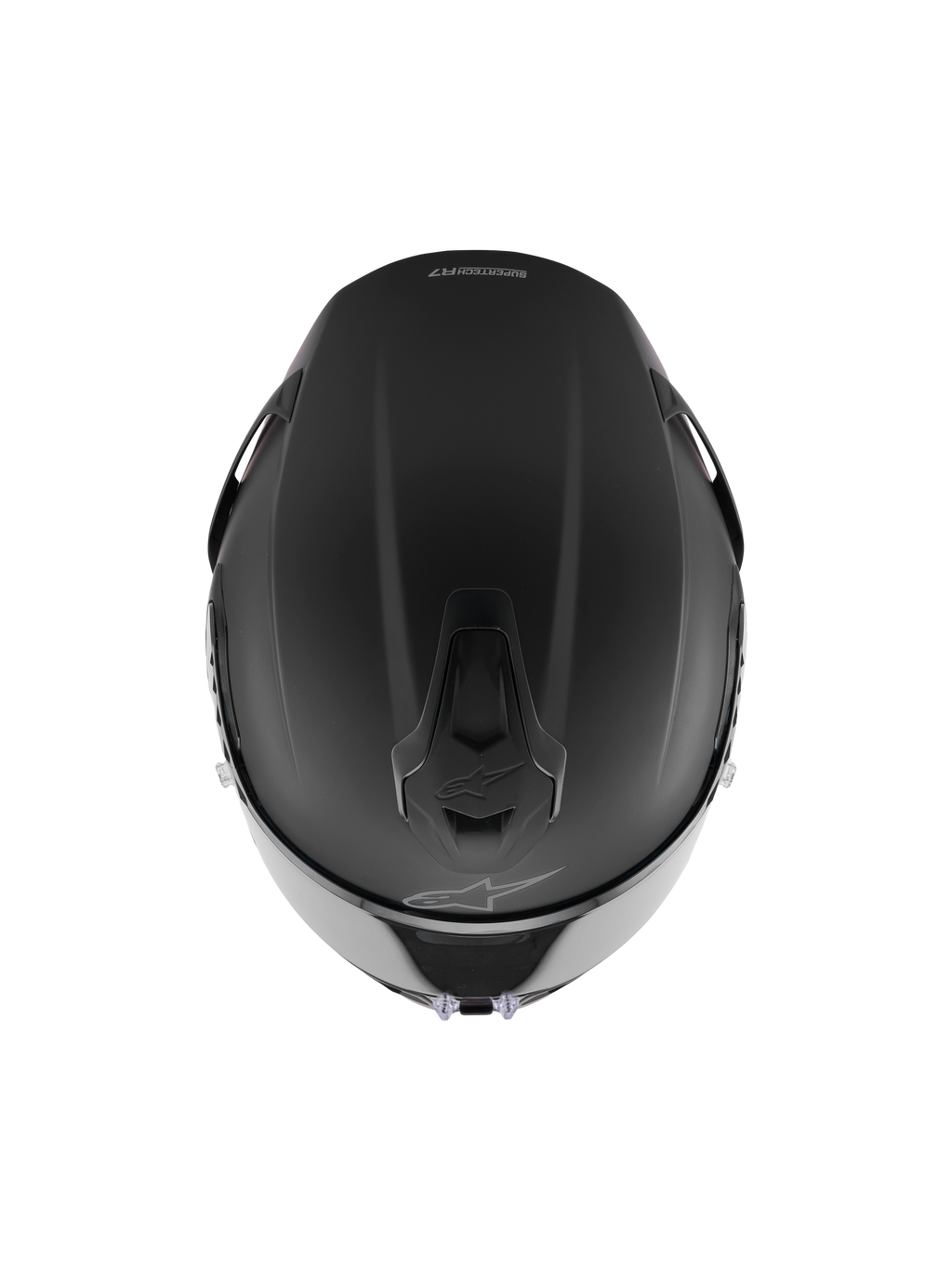 Casco Alpinestars S-R7 Solid, casco integral de competición, negro mate, vista superior que muestra la construcción aerodinámica de la calota, puertos de ventilación integrados y el sutil logotipo de Alpinestars.
