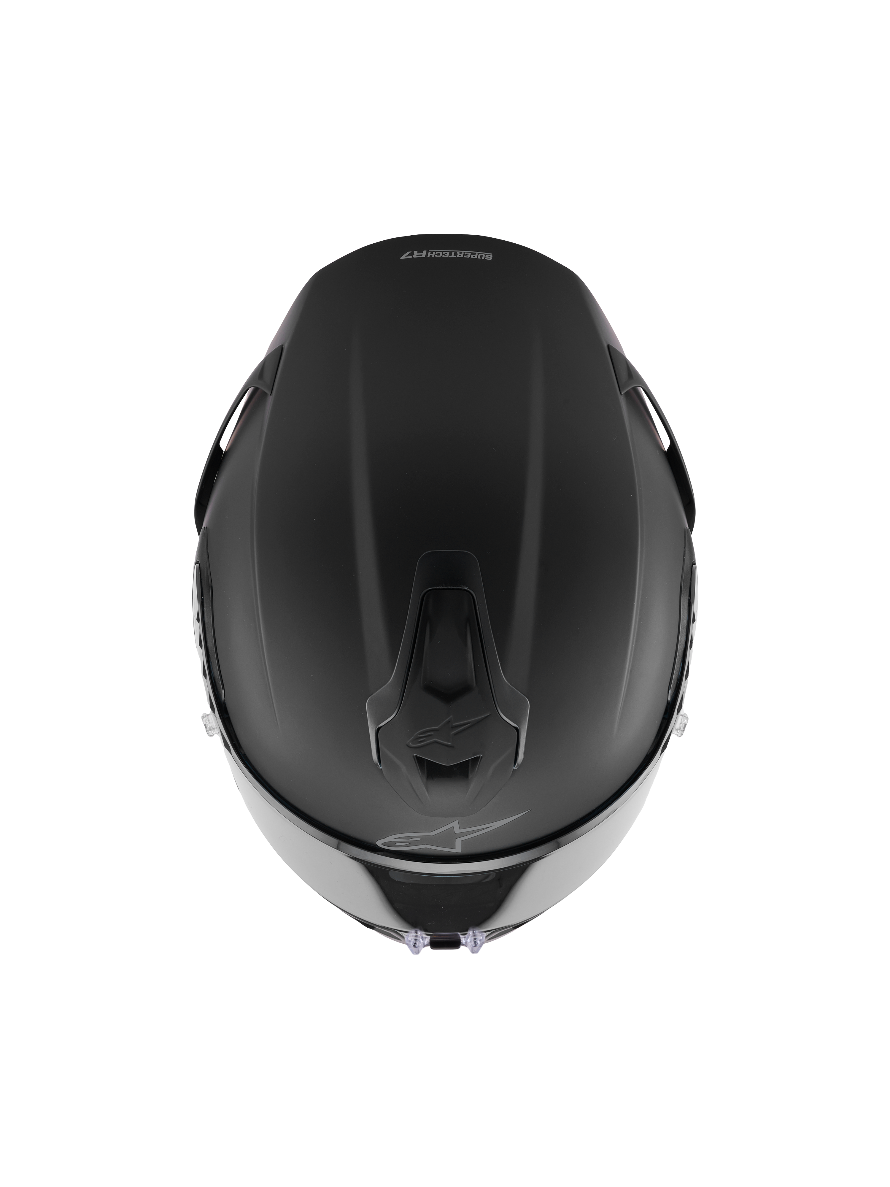 Casco Alpinestars S-R7 Solid, casco integral de competición, negro mate, vista superior que muestra la construcción aerodinámica de la calota, puertos de ventilación integrados y el sutil logotipo de Alpinestars.