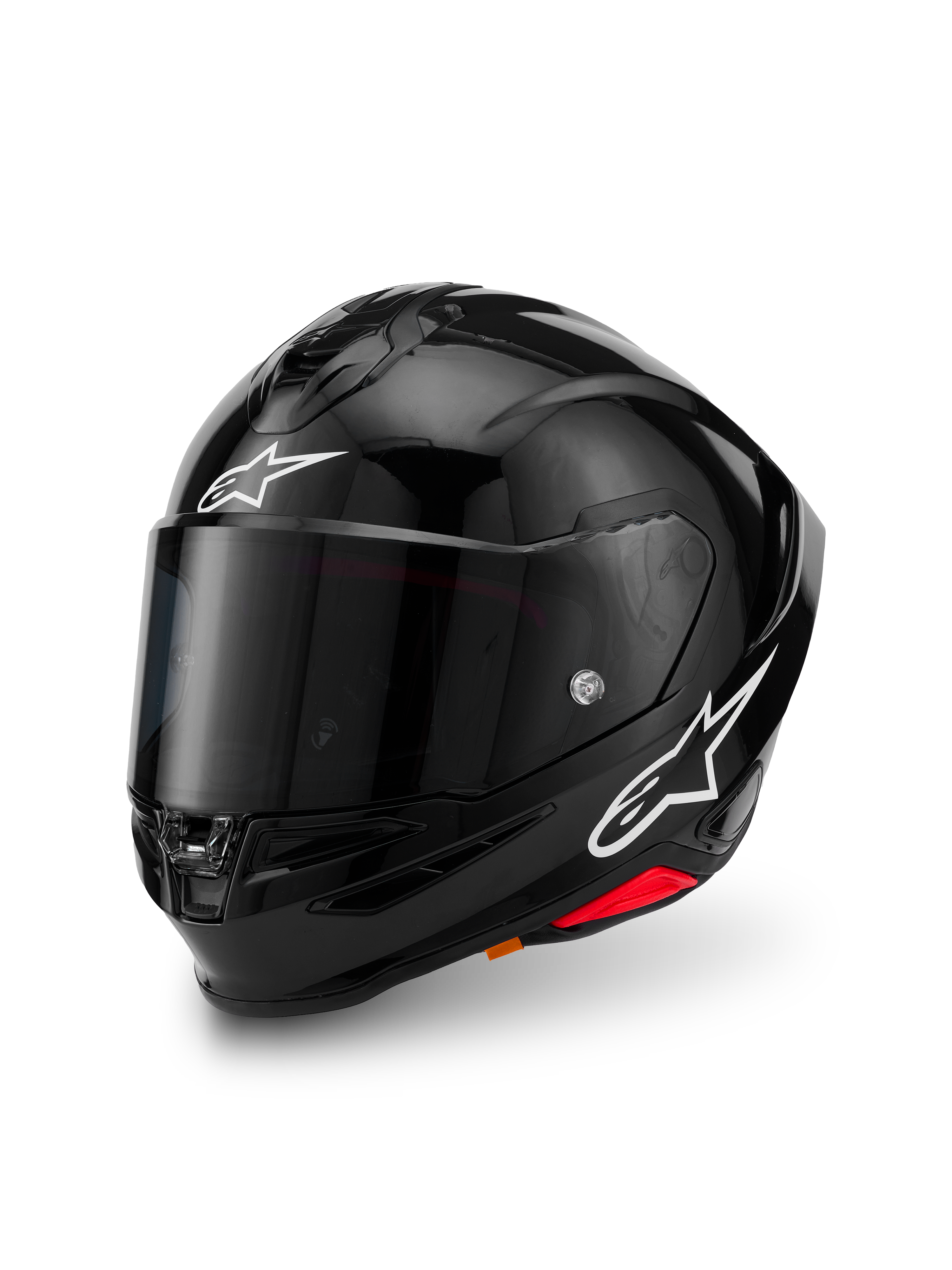 Casco Alpinestars S-R7 Solid, negro brillante, casco integral de motocicleta con calota de compuesto de carbono, logotipos de estrella blancos en la frente y el lateral, diseño aerodinámico con alerón integrado y puertos de ventilación