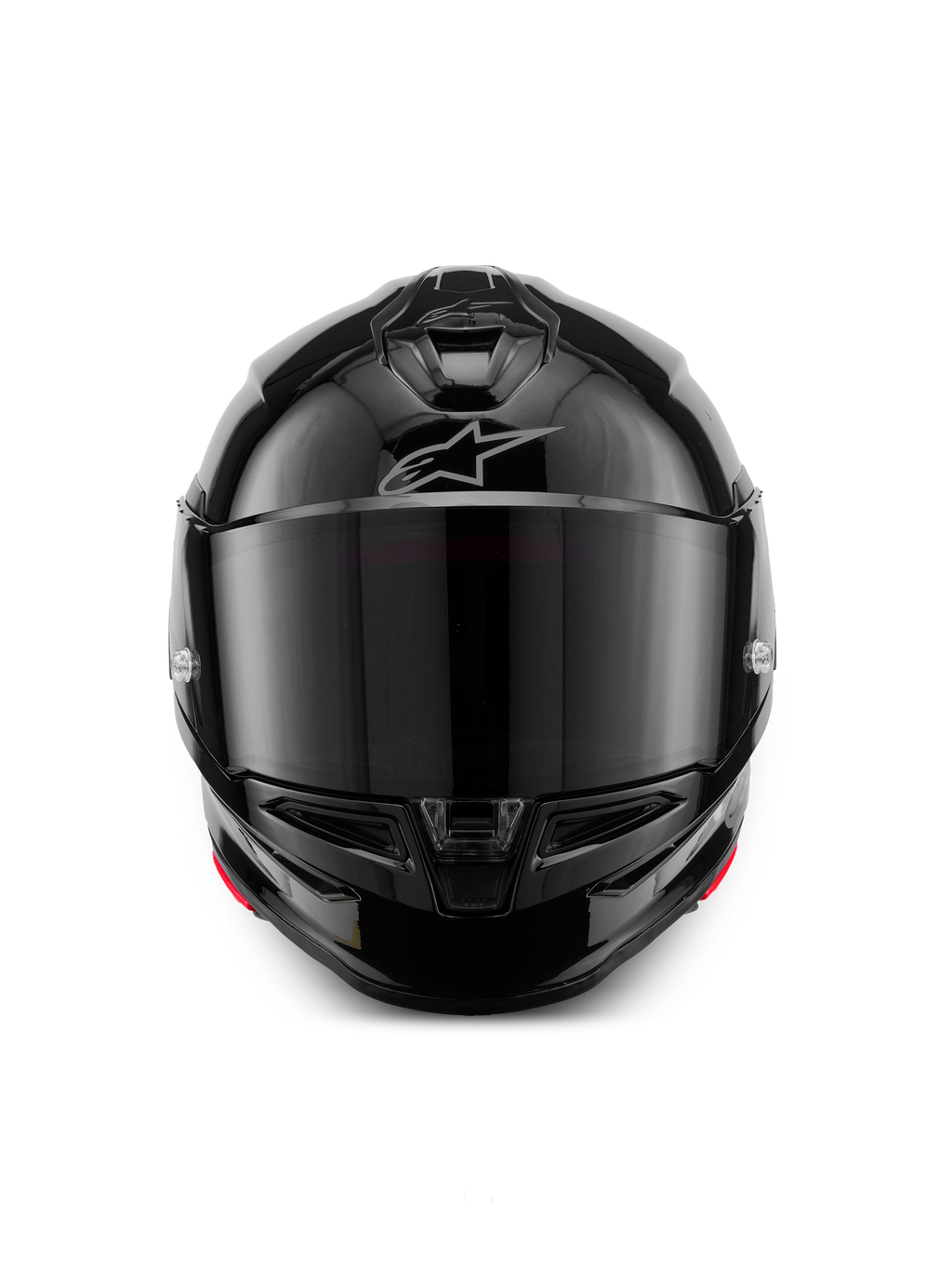 Casco Alpinestars S-R7 Solid, casco de moto integral, negro brillante, vista frontal con visor ahumado oscuro, calota aerodinámica estilizada con ventilaciones en la mentonera y en la parte superior, sutil logotipo plateado de Alpinestars en la frente
