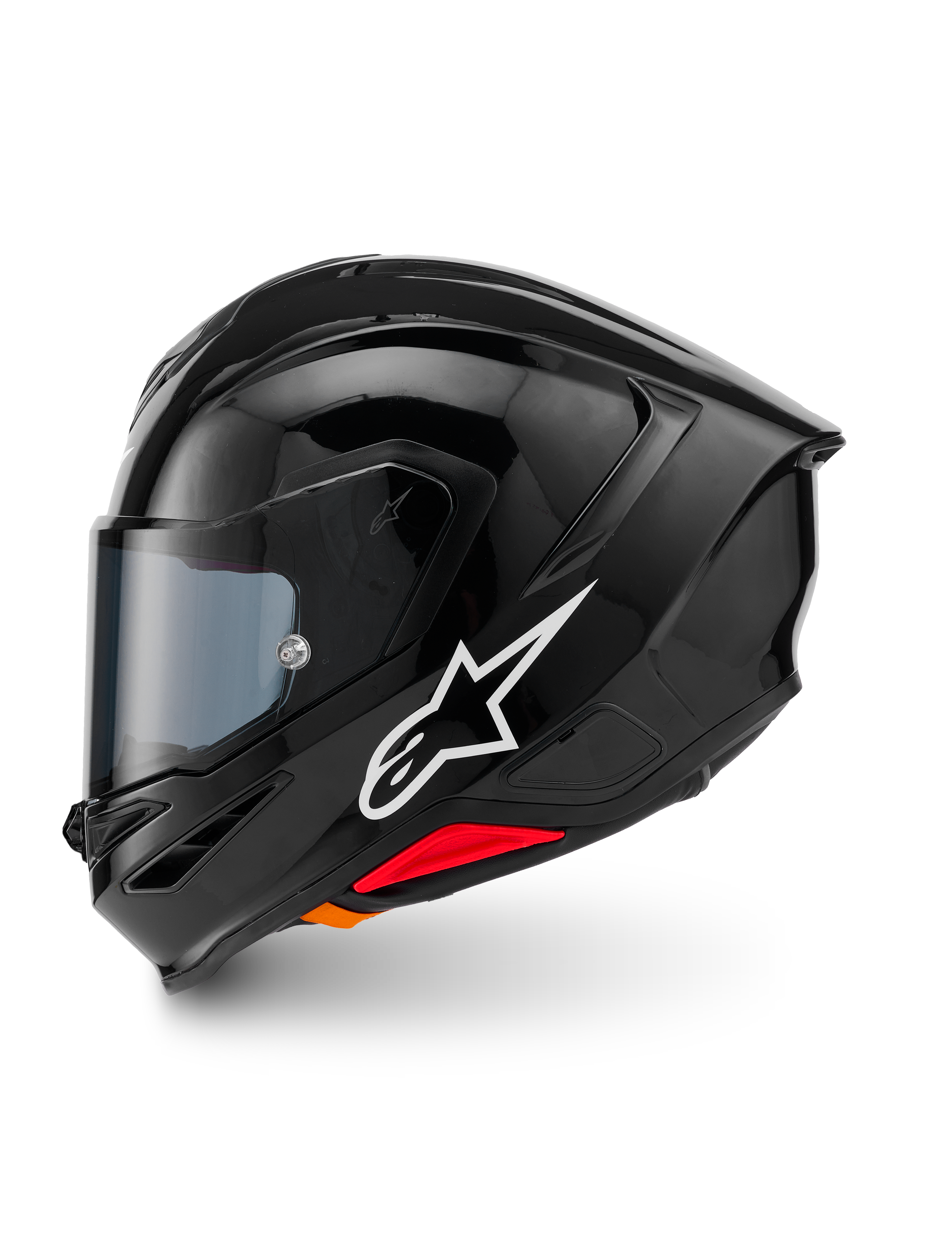 Casco Alpinestars S-R7 Solid, casco de moto integral, Negro Brillante, vista de perfil lateral con el logotipo blanco de Alpinestars, calota aerodinámica con alerón integrado, visor tintado y detalles rojos del sistema de liberación de emergencia.