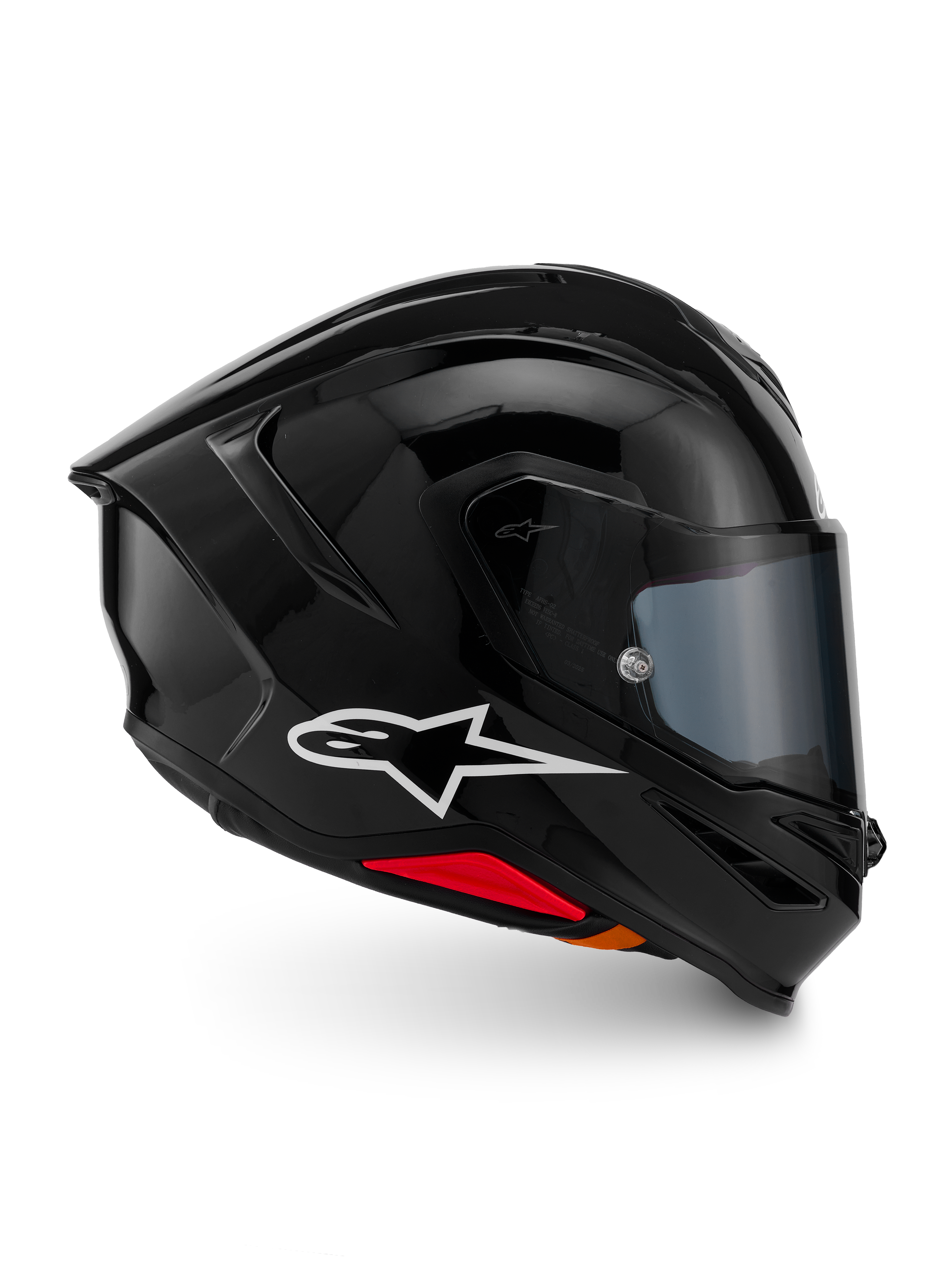 Casco Alpinestars S-R7 Solid, casco de moto integral, negro brillante, vista de perfil con logotipo A-star blanco, calota aerodinámica con alerón integrado y detalles en rojo en la base, diseñado para competición y rendimiento deportivo.