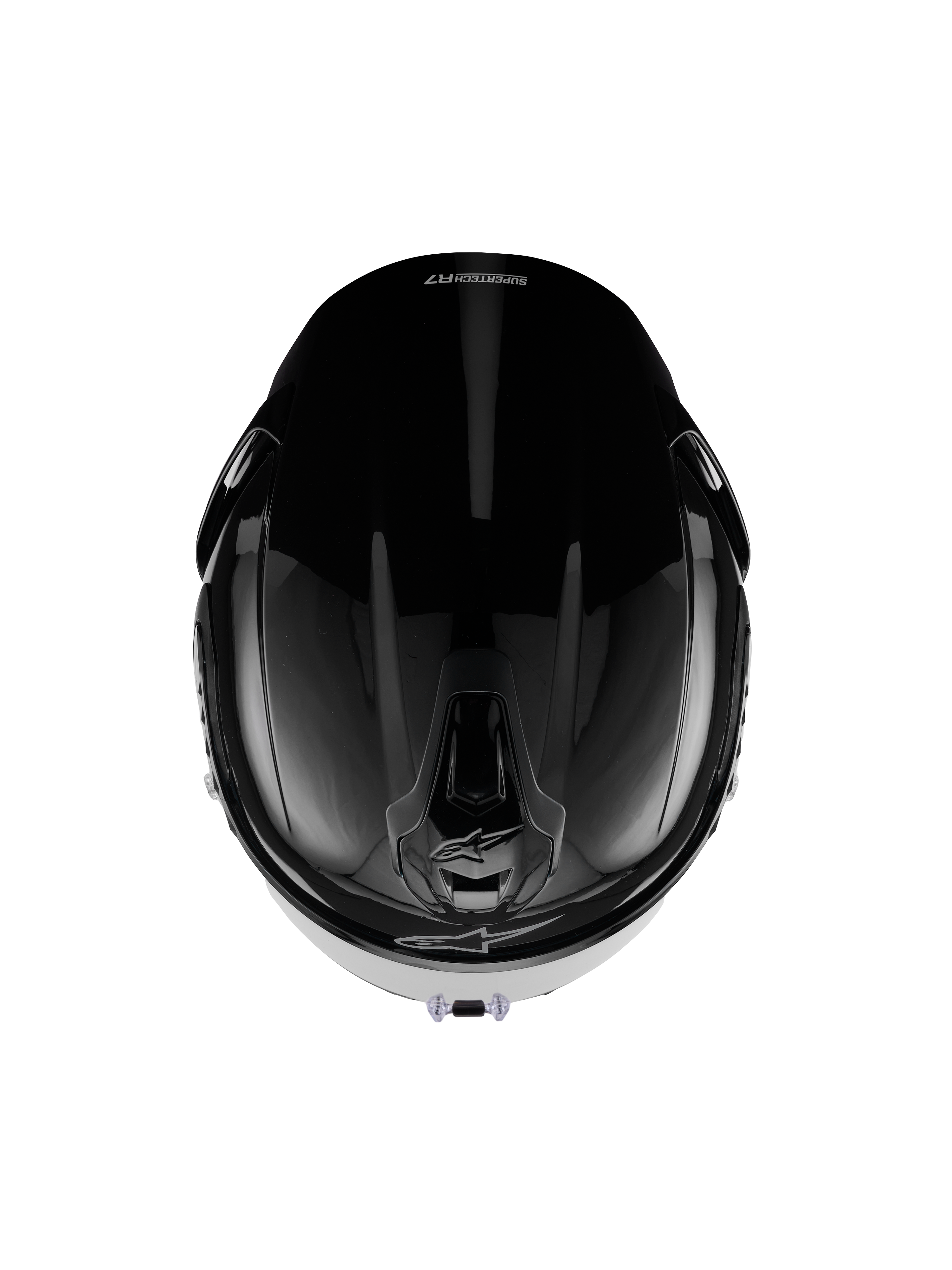 Casco Alpinestars S-R7 Solid, casco integral de motocicleta, negro brillante, vista superior que muestra la calota aerodinámica, los puertos de ventilación y un elegante acabado brillante