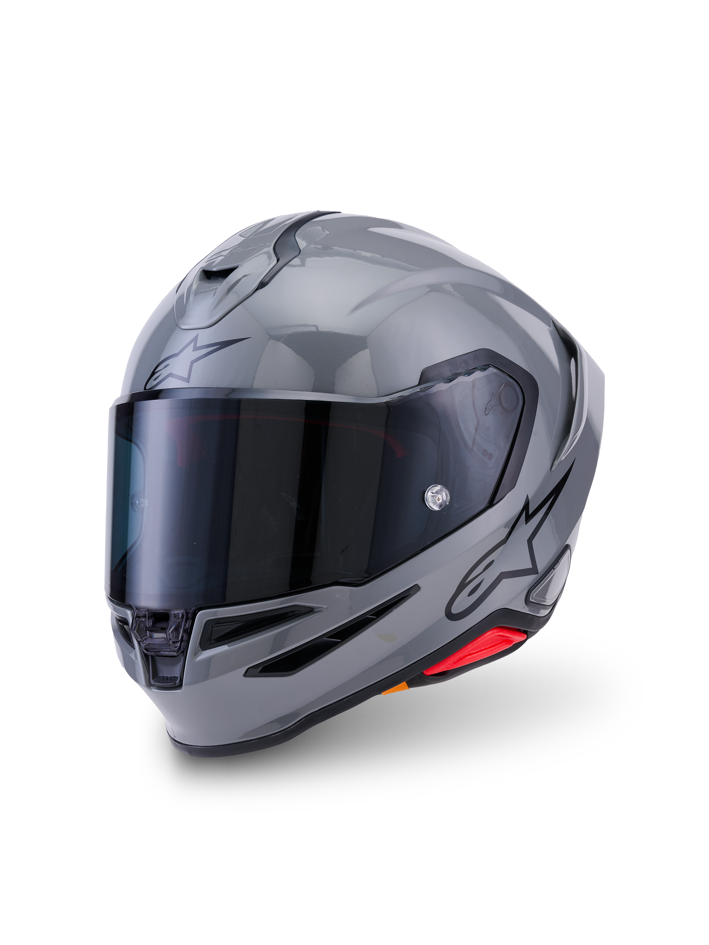 Casco Alpinestars S-R7 Solid, casco de moto integral, Gris Brillante, con visera ahumada oscura, calota aerodinámica con alerón integrado, puertos de ventilación y logotipo de Alpinestars en negro en el lateral
