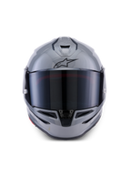 Casco Alpinestars S-R7 Solid, casco integral de moto, Gris Brillante, vista frontal con visor tintado oscuro, logo A-star negro en la frente, calota aerodinámica con ventilación integrada, diseñado para competición y rendimiento deportivo.