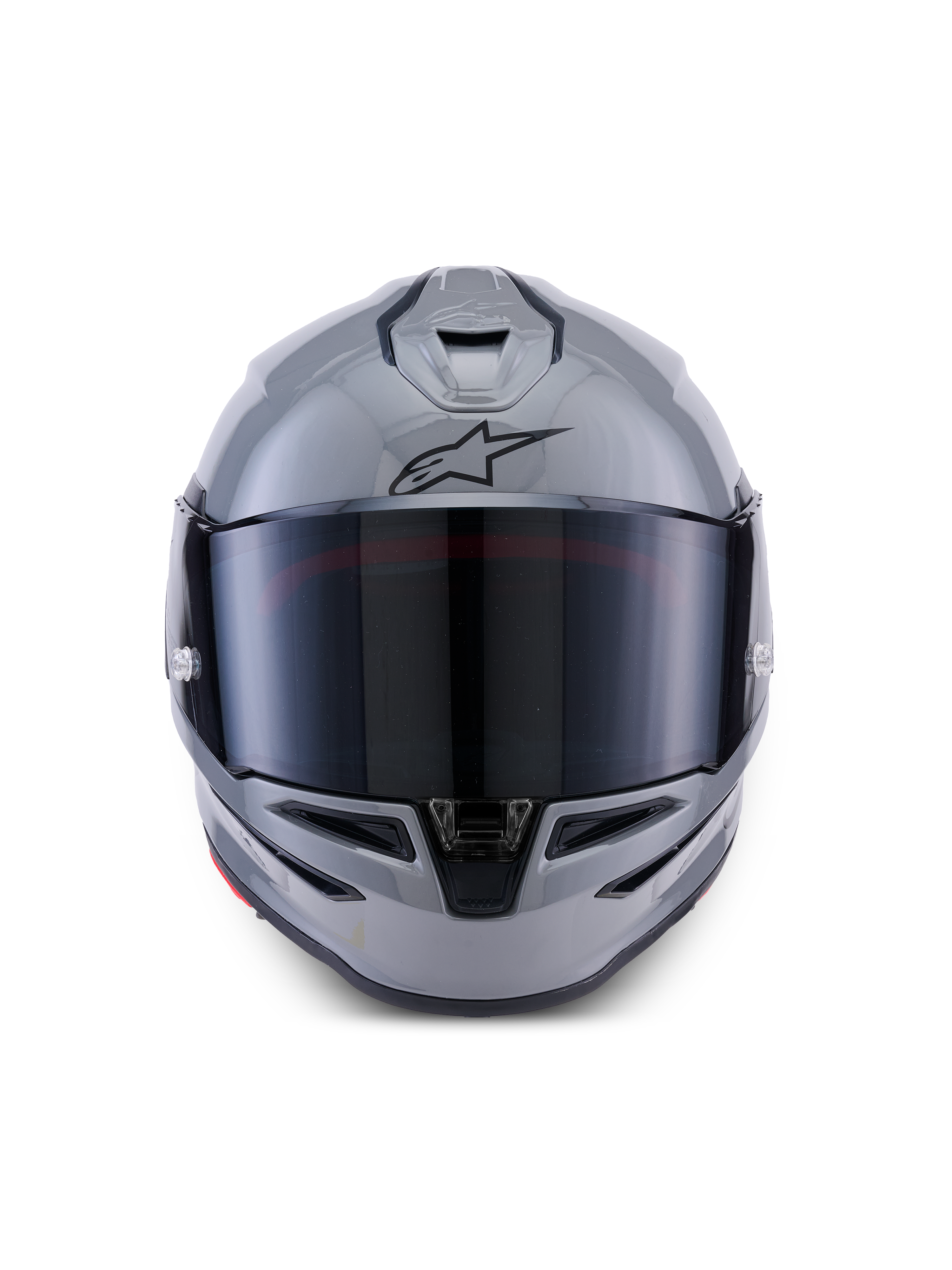 Casco Alpinestars S-R7 Solid, casco integral de moto, Gris Brillante, vista frontal con visor tintado oscuro, logo A-star negro en la frente, calota aerodinámica con ventilación integrada, diseñado para competición y rendimiento deportivo.