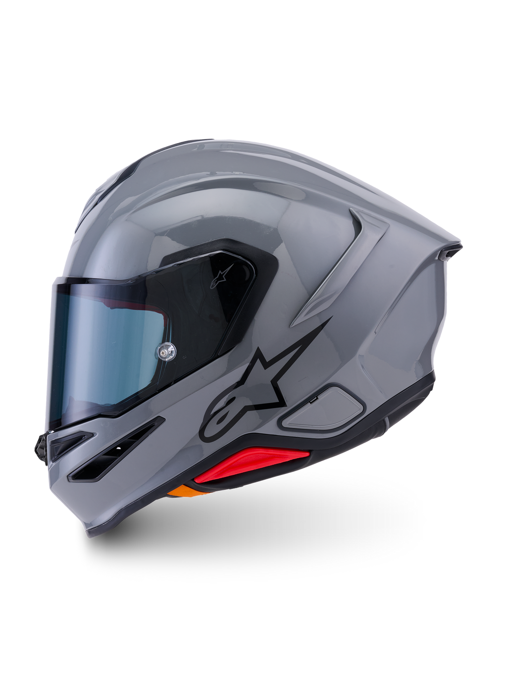 Casco Alpinestars S-R7 Solid, casco de moto integral, Gris Brillante, perfil lateral que muestra un diseño aerodinámico elegante con alerón integrado, logotipo de estrella negra y detalle en rojo en la base