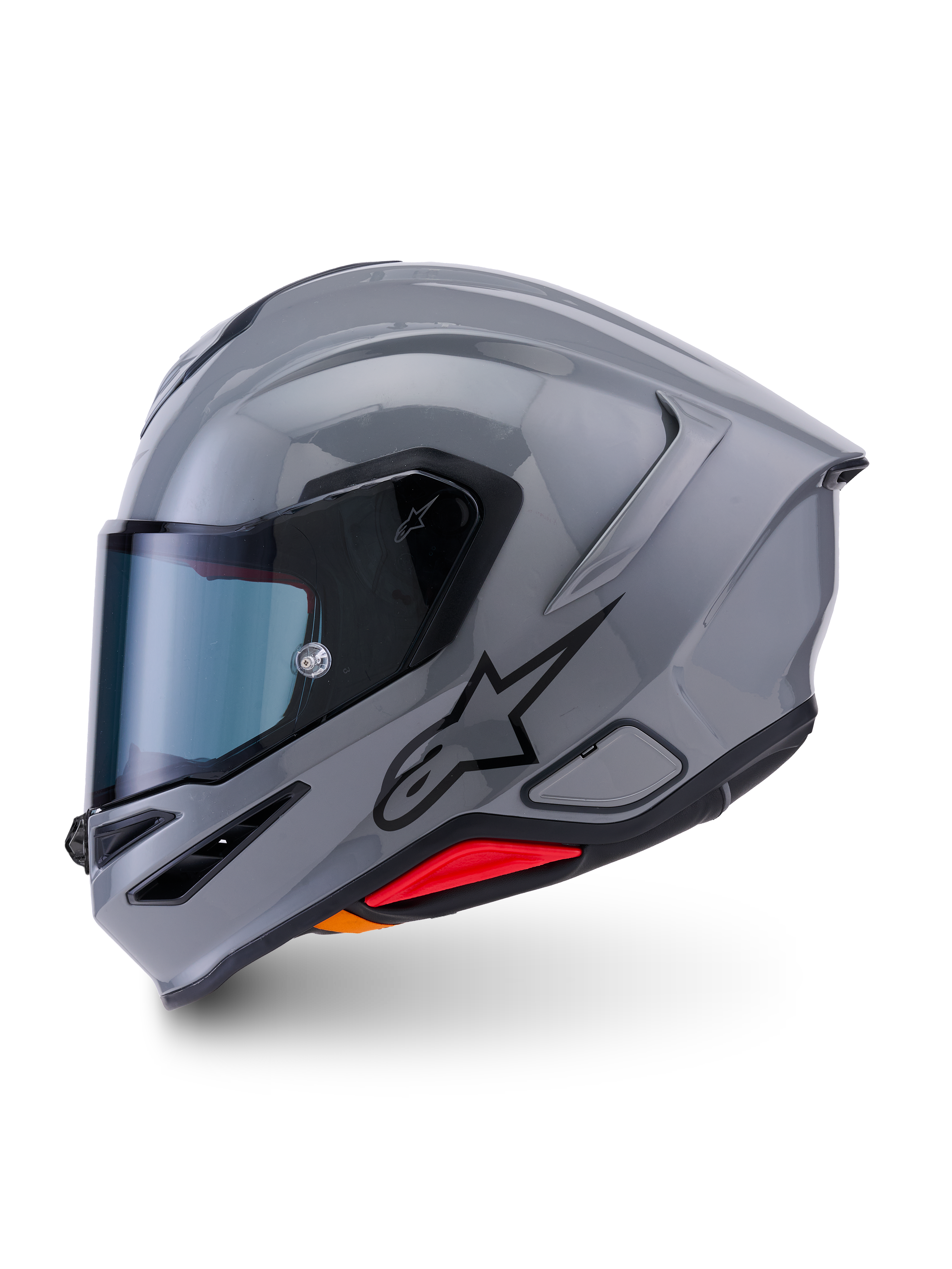 Casco Alpinestars S-R7 Solid, casco de moto integral, Gris Brillante, perfil lateral que muestra un diseño aerodinámico elegante con alerón integrado, logotipo de estrella negra y detalle en rojo en la base