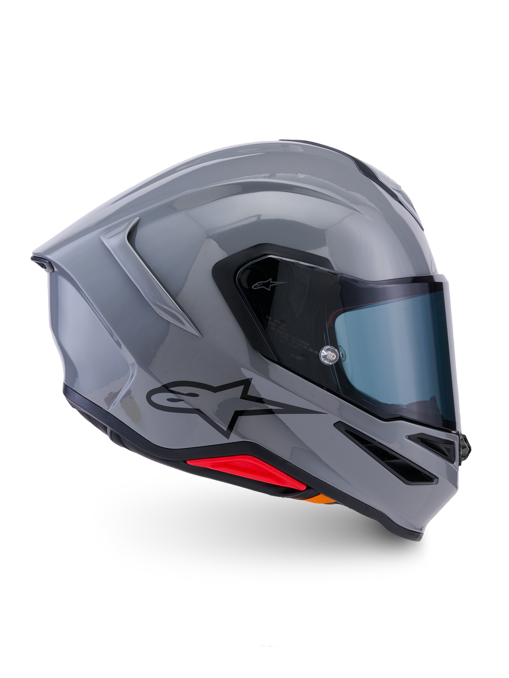Casco Alpinestars S-R7 Solid, casco integral de moto, gris brillante, vista de perfil lateral, calota aerodinámica gris brillante con logotipo negro y acentos rojos en la base, equipo de alto rendimiento para carreras y conducción deportiva