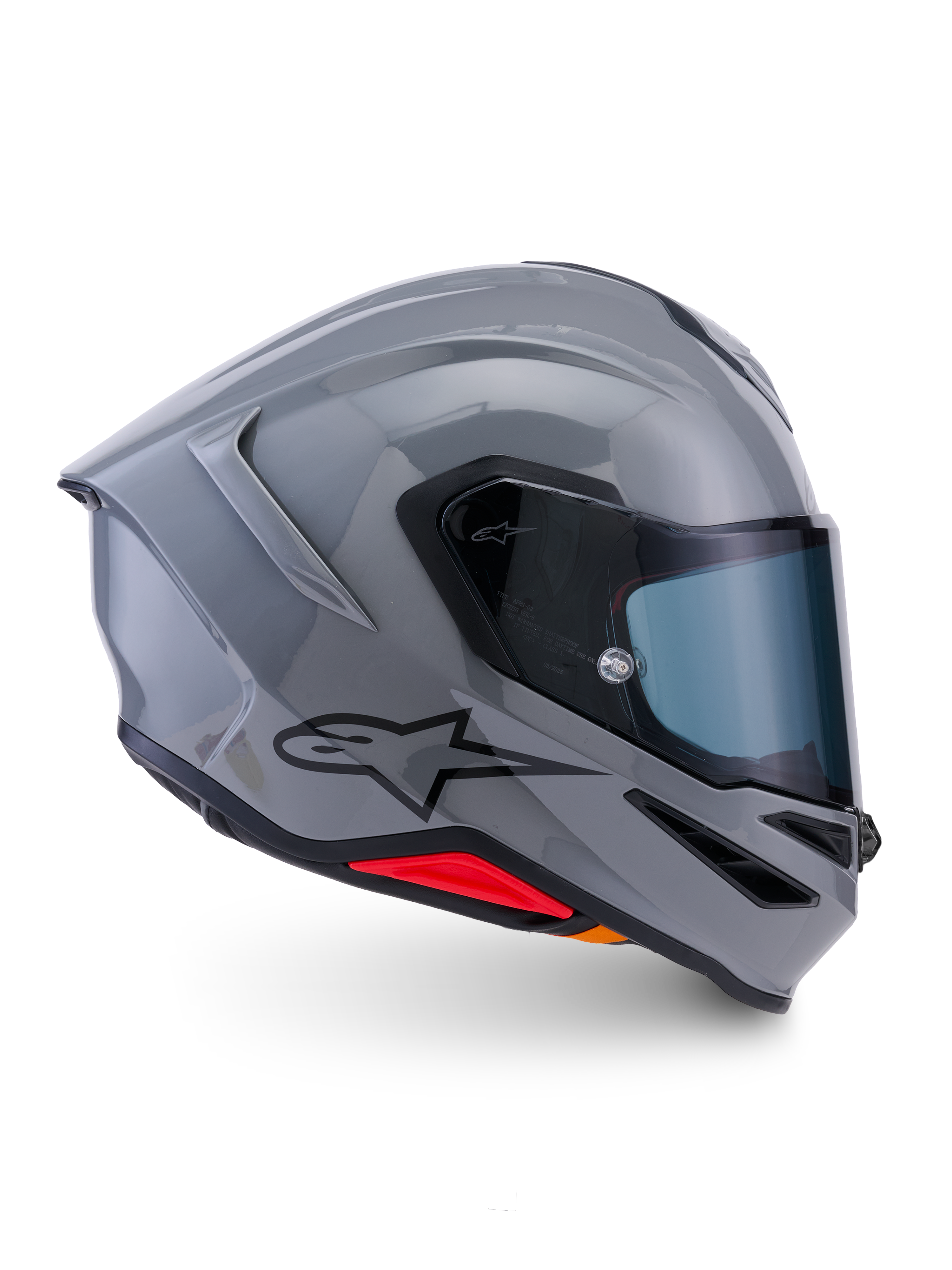 Casco Alpinestars S-R7 Solid, casco integral de moto, gris brillante, vista de perfil lateral, calota aerodinámica con logotipo negro y acentos rojos en la base, equipo de alto rendimiento