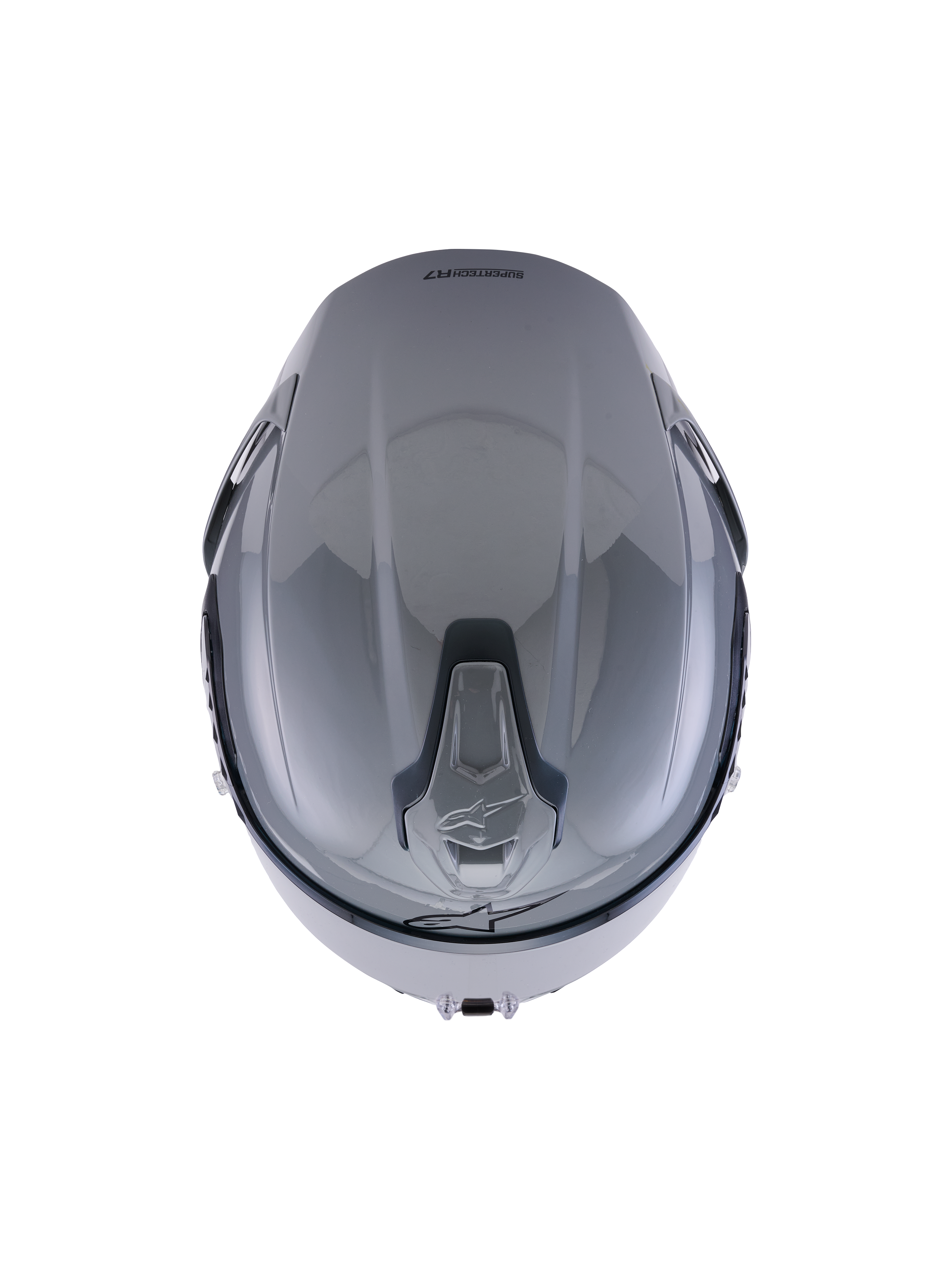 Casco Alpinestars S-R7 Solid, Gray Glossy, vista desde arriba que resalta el diseño aerodinámico de la calota y los puertos de ventilación superiores deslizables integrados.