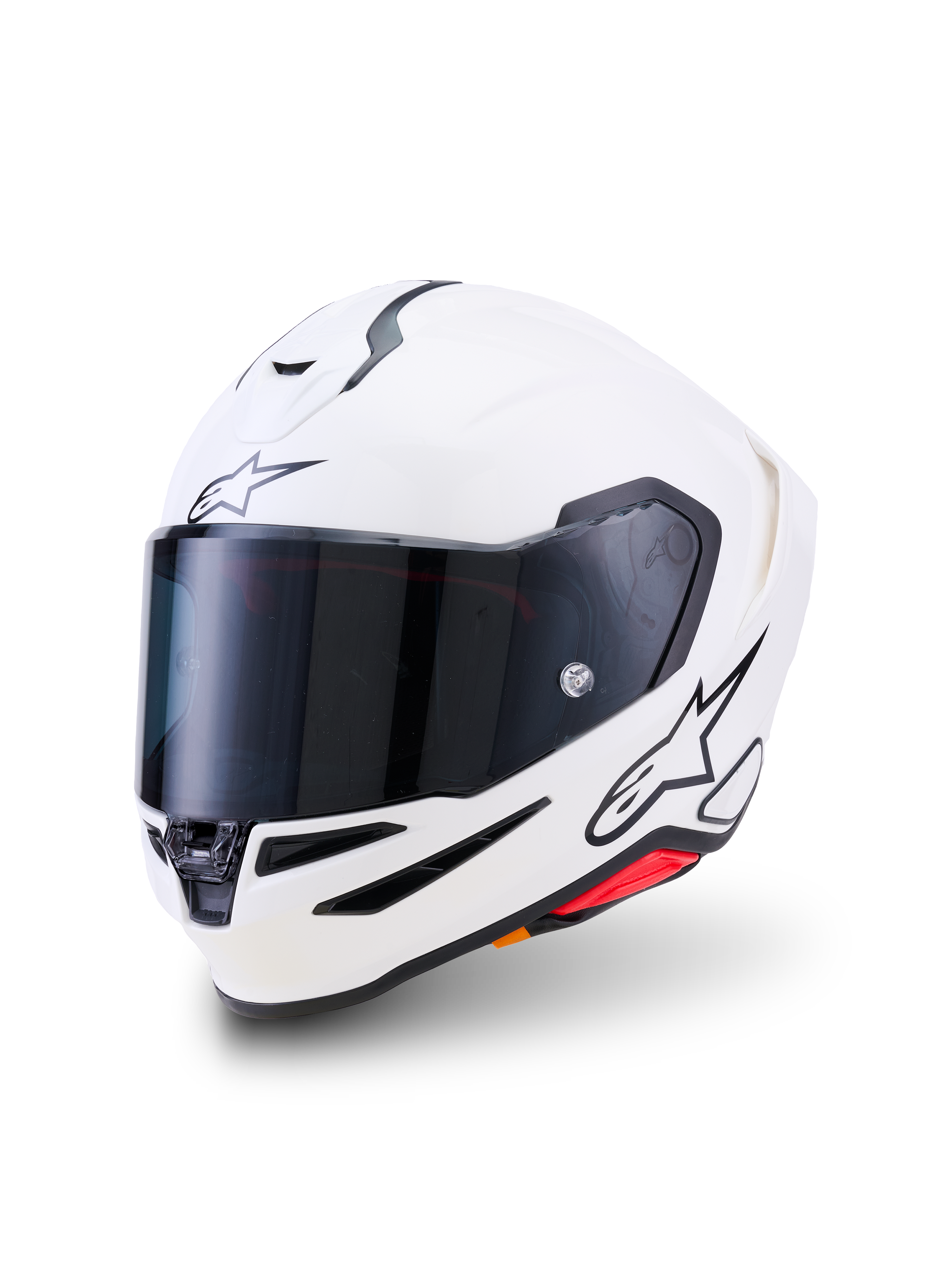 Casco Alpinestars S-R7 Solid, casco de moto integral, blanco brillante, visera ahumada oscura, logotipo de estrella negra en la frente y el lateral, carcasa aerodinámica con puertos de ventilación y detalles en rojo, equipamiento de alto rendimiento para competición y carretera