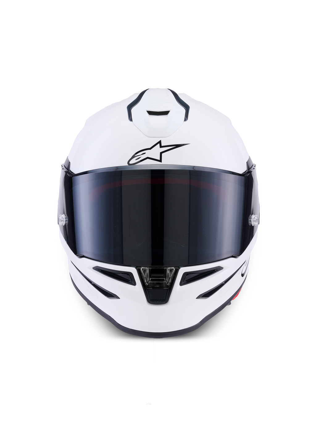 Casco Alpinestars S-R7 Solid, casco de moto integral, Blanco Brillante, vista frontal con pantalla tintada oscura, calota aerodinámica con ventilaciones integradas, equipamiento profesional de carreras y deportivo