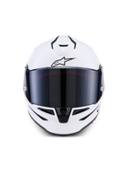Casco Alpinestars S-R7 Solid, casco de moto integral, Blanco Brillante, vista frontal con pantalla tintada oscura, calota aerodinámica con ventilaciones integradas, equipamiento profesional de carreras y deportivo