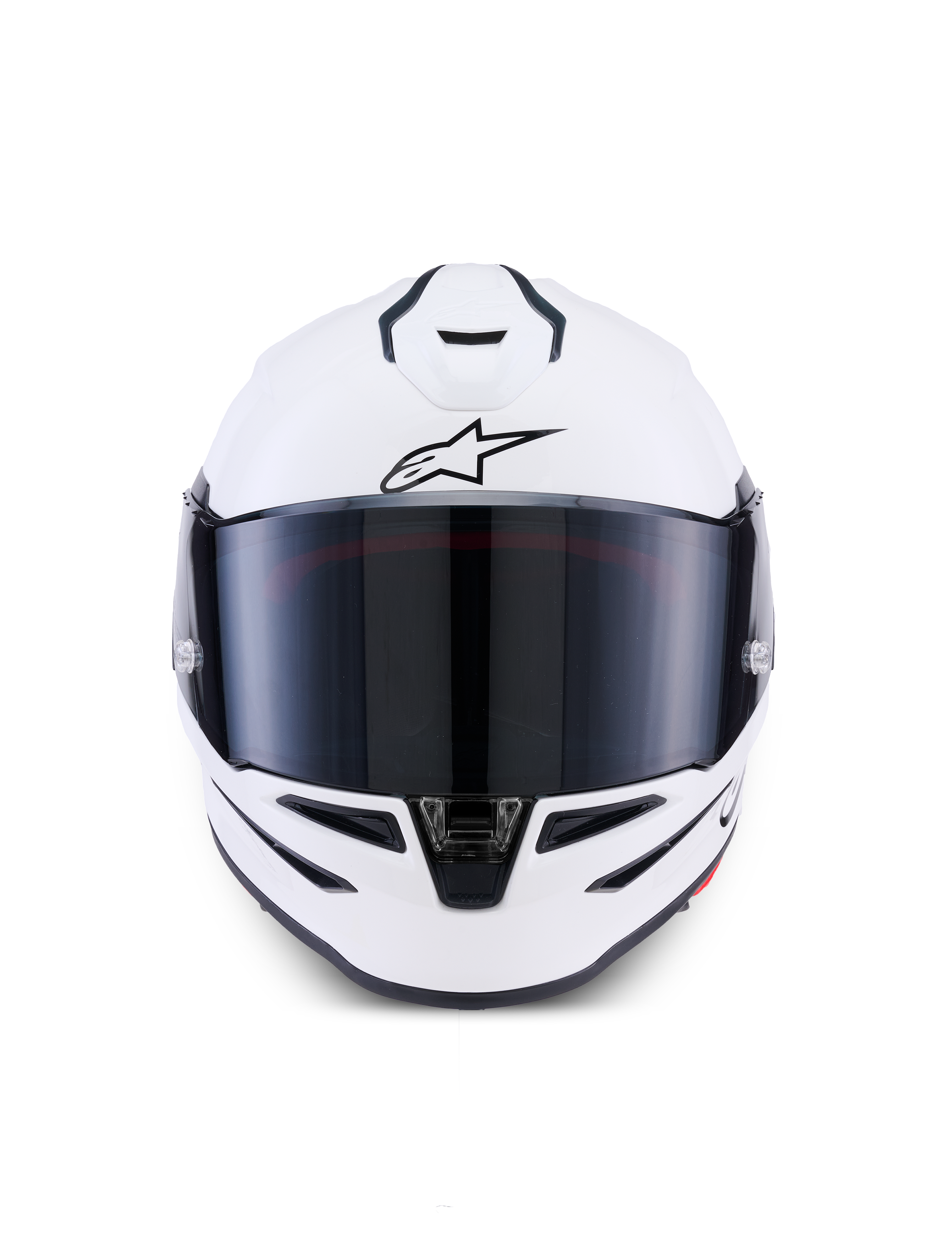 Casco Alpinestars S-R7 Solid, casco de moto integral, Blanco Brillante, vista frontal con pantalla tintada oscura, calota aerodinámica con ventilaciones integradas, equipamiento profesional de carreras y deportivo