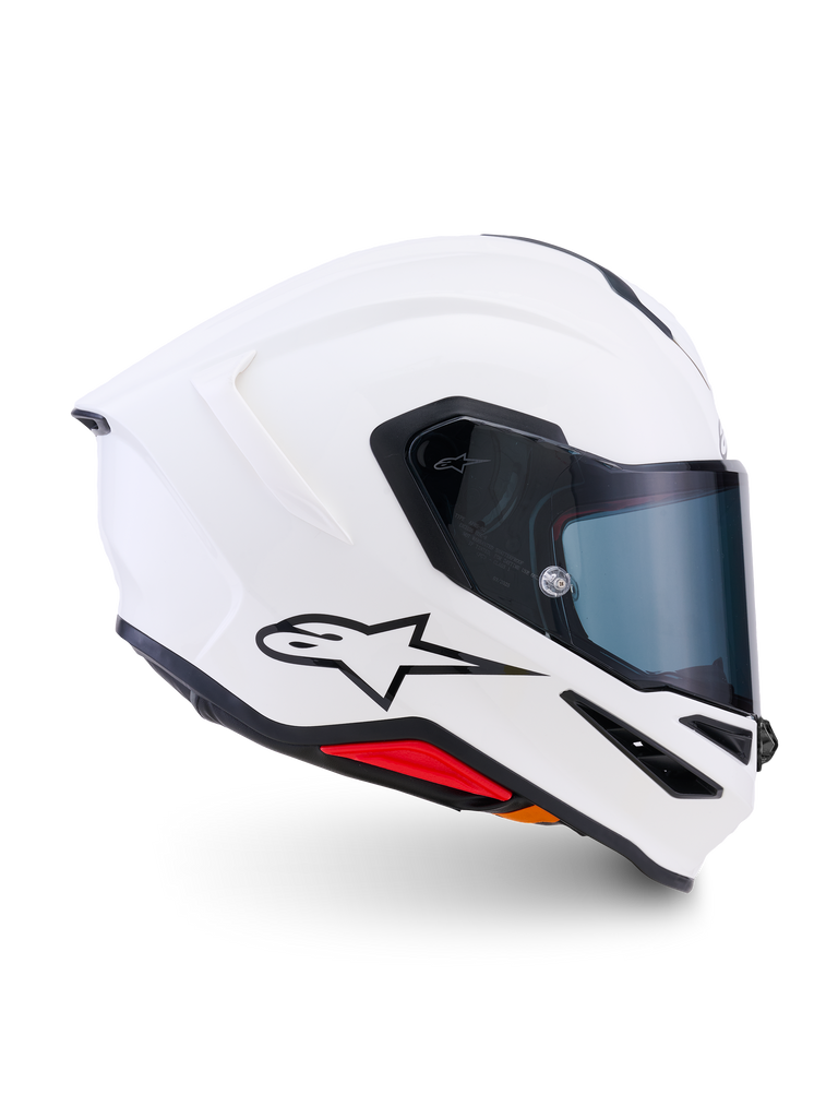 Casco Alpinestars S-R7 Solid, casco integral de motocicleta, blanco brillante, calota aerodinámica con alerón trasero integrado y visor transparente, construcción ligera de compuesto de carbono para rendimiento en pista y carretera