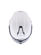 Casco Alpinestars S-R7 Solid, casco de moto integral en blanco brillante, vista superior que muestra la calota aerodinámica, puerto de ventilación superior deslizable con detalles en negro y logotipo de estrella distintivo, diseño estilizado inspirado en las carreras para estabilidad a alta velocidad.