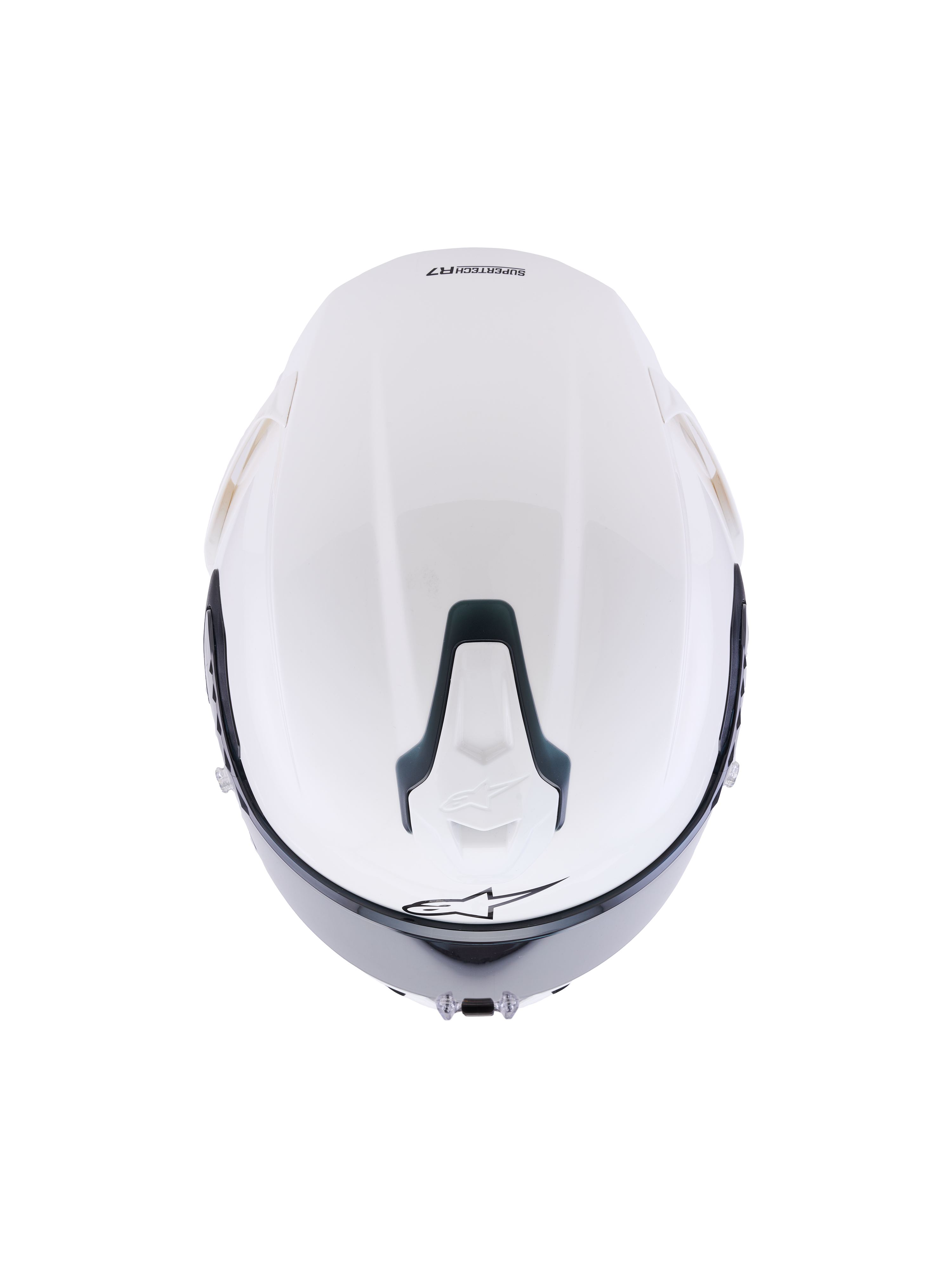 Casco Alpinestars S-R7 Solid, casco de moto integral en blanco brillante, vista superior que muestra la calota aerodinámica, puerto de ventilación superior deslizable con detalles en negro y logotipo de estrella distintivo, diseño estilizado inspirado en las carreras para estabilidad a alta velocidad.