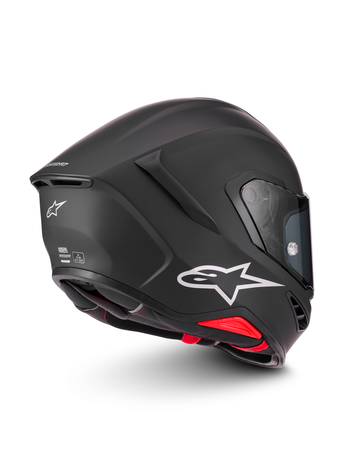 Alpinestars S-R7 Solid, casco de moto para pista y carretera, negro mate con logo blanco y detalles rojos, certificado ECE y DOT, vista lateral trasera