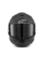 Alpinestars S-R7 Solid Casco ECE06/DOT, casco integral de moto negro mate, vista frontal con visor ahumado, logotipo blanco y construcción de compuesto de carbono