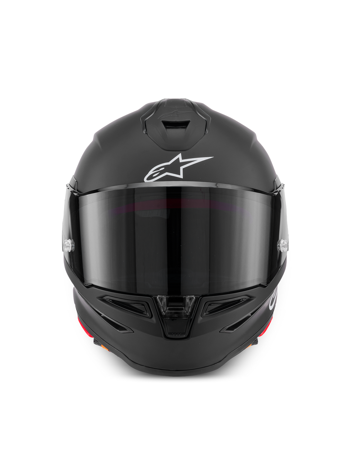 Alpinestars S-R7 Solid Casco ECE06/DOT, casco integral de moto negro mate, vista frontal con visor ahumado, logotipo blanco y construcción de compuesto de carbono