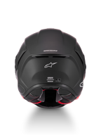 Alpinestars Casco S-R7 Solid, casco de moto integral en negro mate, vista trasera con branding Supertech R7, ventilación y etiquetas de certificación ECE