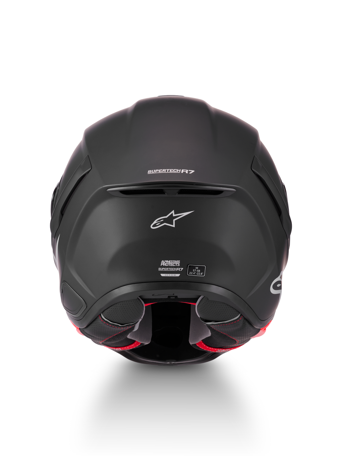 Alpinestars Casco S-R7 Solid, casco de moto integral en negro mate, vista trasera con branding Supertech R7, ventilación y etiquetas de certificación ECE