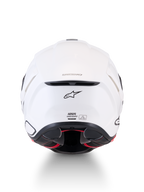 Alpinestars Supertech R7 Solid Casco ECE 22.06, casco de moto para carretera, blanco brillante, vista trasera con construcción de compuesto de carbono, puerto de escape de ventilación, logo de A-star y etiqueta de certificación ECE 22.06