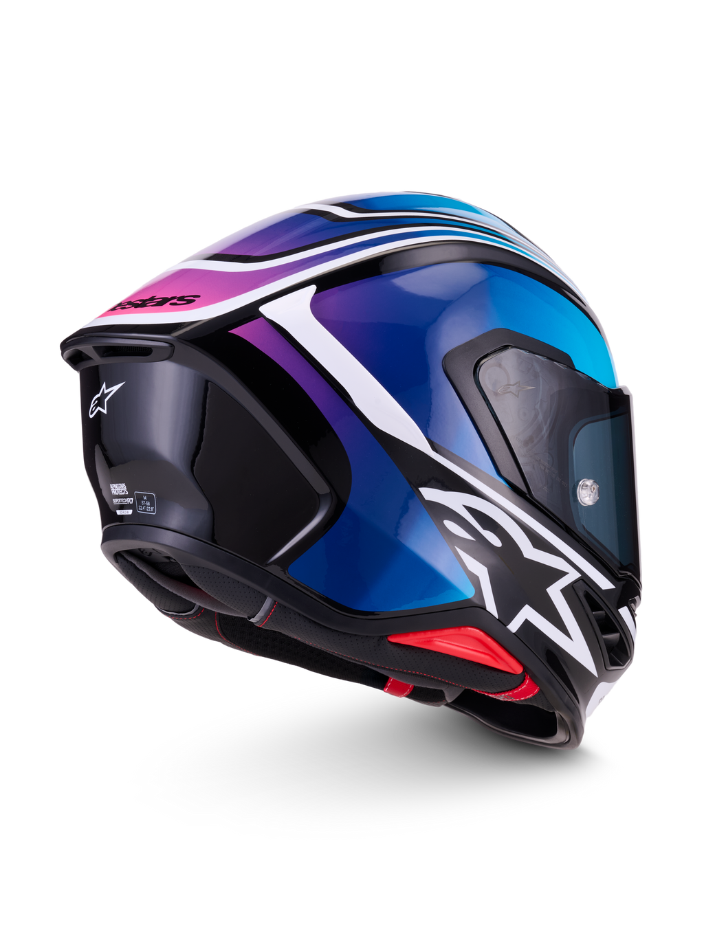 Alpinestars S-R7 Zeal Casco ECE 22.06, casco integral de moto para carreras en carretera, negro, azul, rosa flúor y blanco brillante, vista lateral y trasera que muestra el spoiler aerodinámico y el diseño gráfico