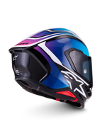 Alpinestars S-R7 Zeal Casco ECE 22.06, casco integral de moto para carreras en carretera, negro, azul, rosa flúor y blanco brillante, vista lateral y trasera que muestra el spoiler aerodinámico y el diseño gráfico