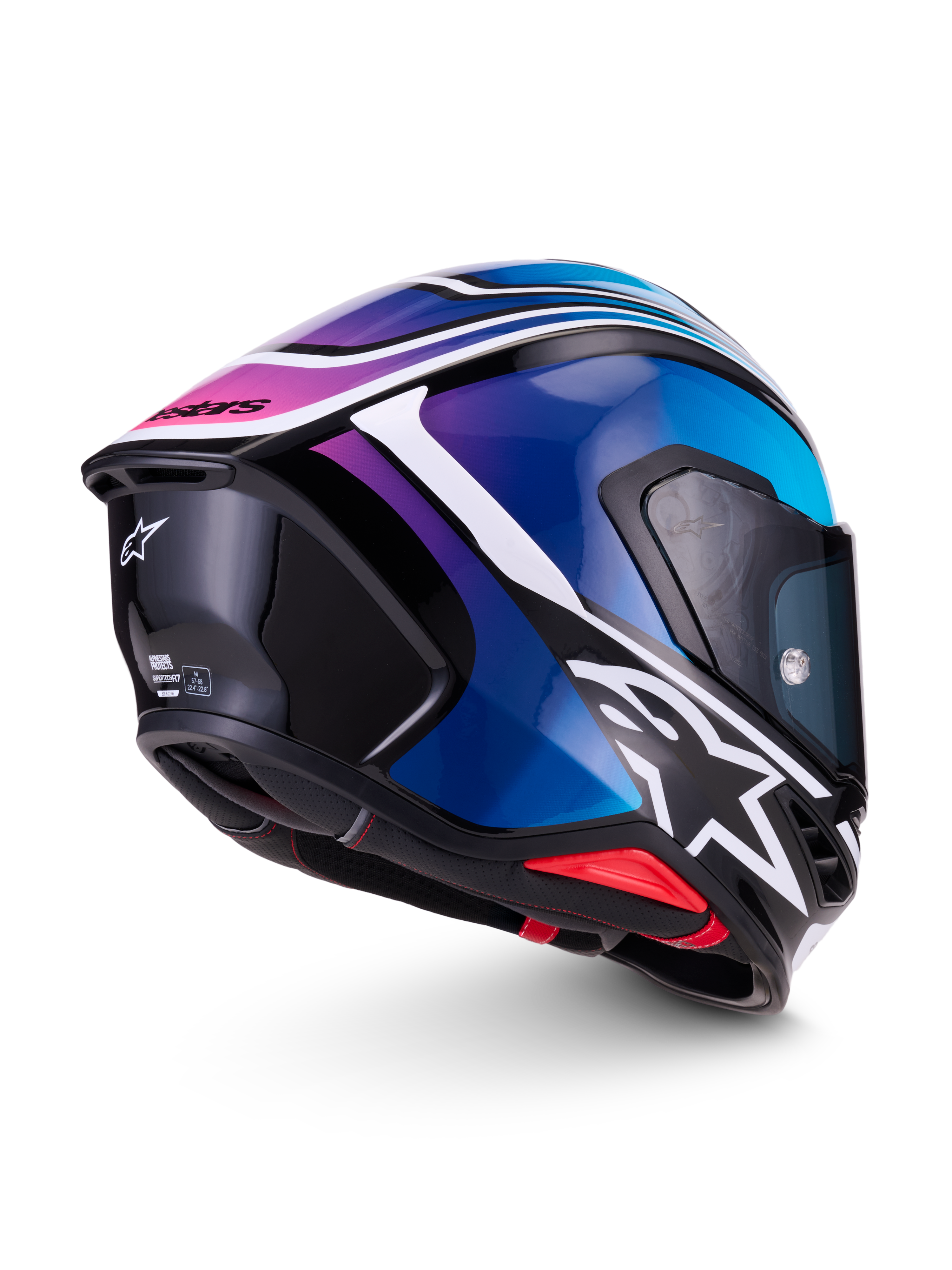 Alpinestars S-R7 Zeal Casco ECE 22.06, casco integral de moto para carreras en carretera, negro, azul, rosa flúor y blanco brillante, vista lateral y trasera que muestra el spoiler aerodinámico y el diseño gráfico