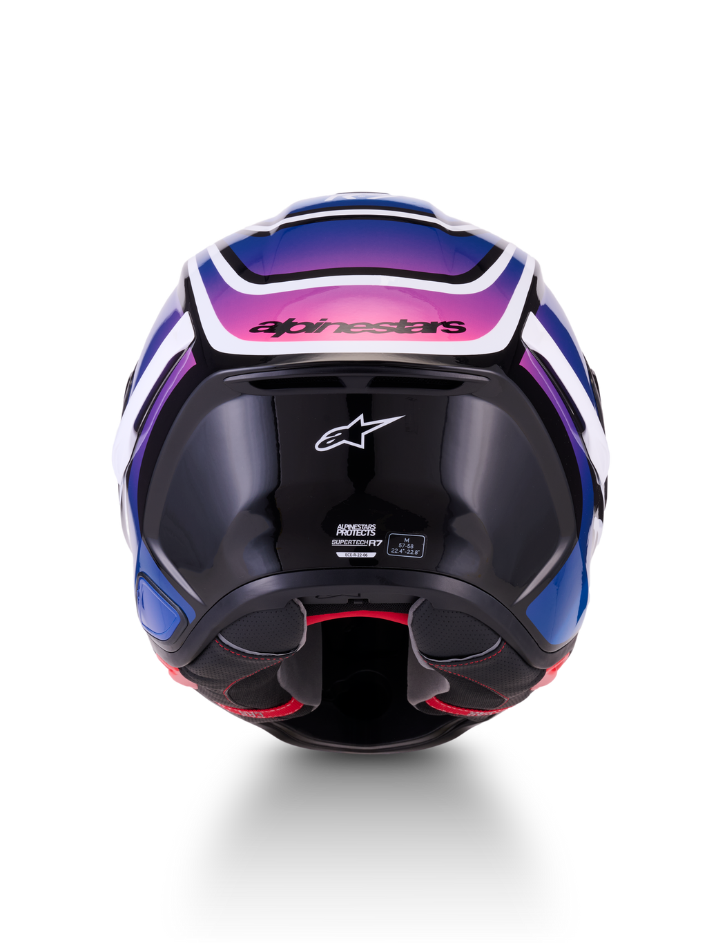 Alpinestars S-R7 Zeal Casco integral de moto, vista trasera, negro, azul y rosa fluo con acabado brillante y certificación ECE 22.06